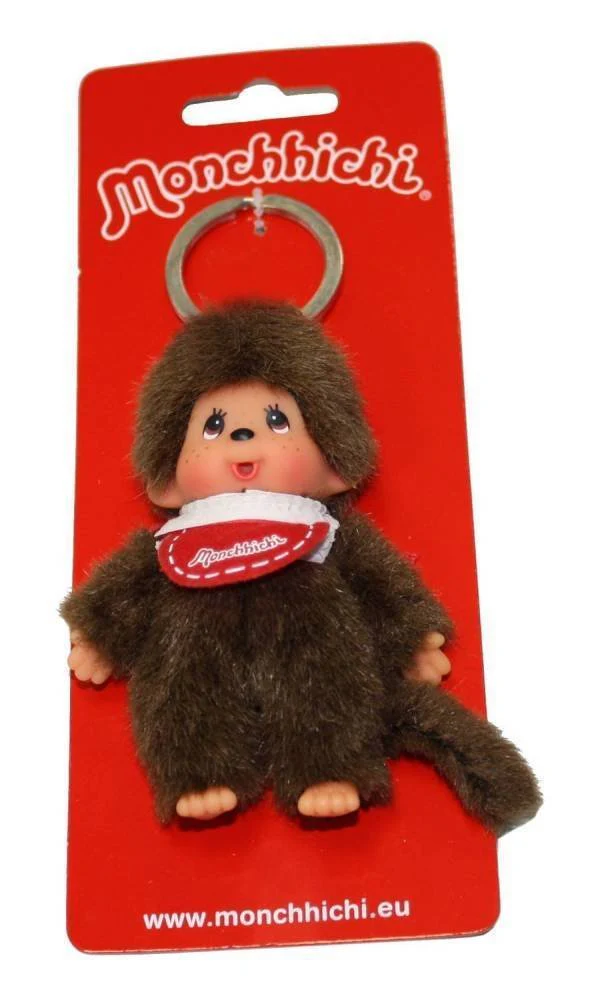 Sekiguchi 2534 - Original Monchhichi Mädchen oder Junge als Schlüsselanhänger, Plüschfigur mit Lätzchen, ca. 10 cm großer Anhänger aus braunem Plüsch für Rucksäcke, Taschen und Federmappen - Image 5