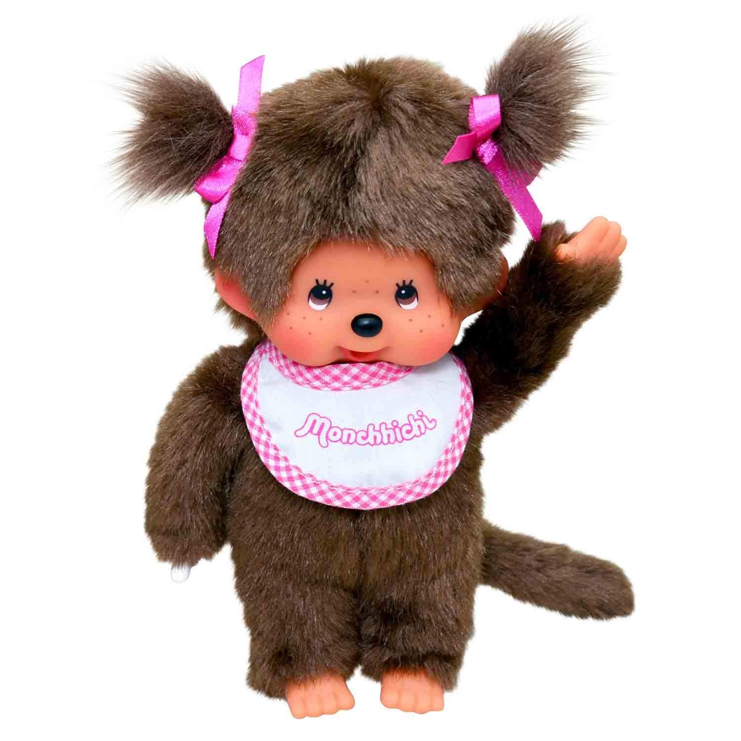 Sekiguchi 255550 - Original Monchhichi Mädchen, Plüschtier mit weiß-pinkem Lätzchen und Zöpfen mit Schleifen, ca. 20 cm großes Kuscheltier aus braunem Plüsch - Image 4