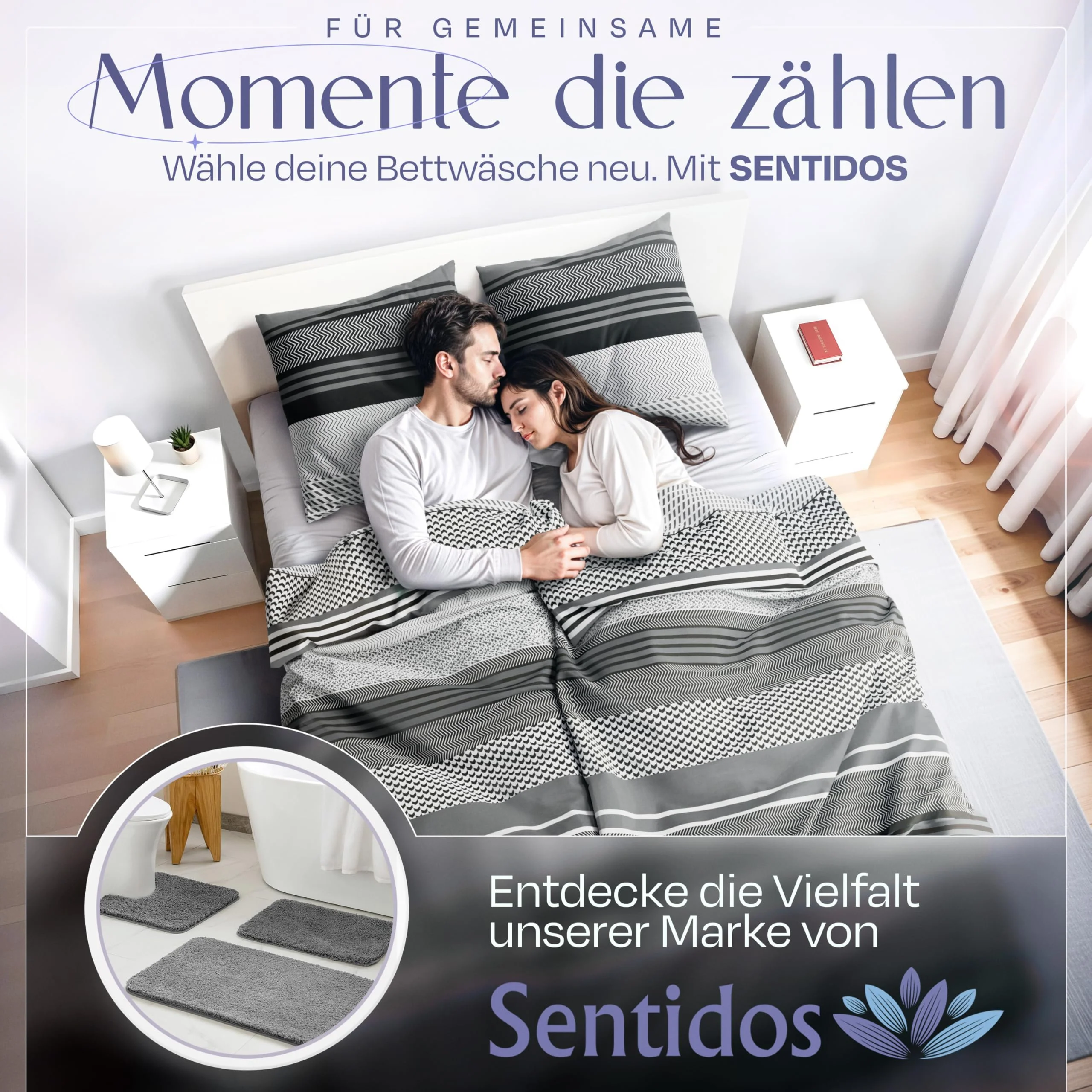 Sentidos Bettwäsche-Set 4teilig Renforcé Baumwolle 135x200 cm mit Reißverschluss Bett-Bezug, 80x80 cm Kissen-Bezug Bett-Garnitur Grau schwarz weiß (2 STK.135 x 200 cm + 2 STK. 80 x 80 cm) - Image 5