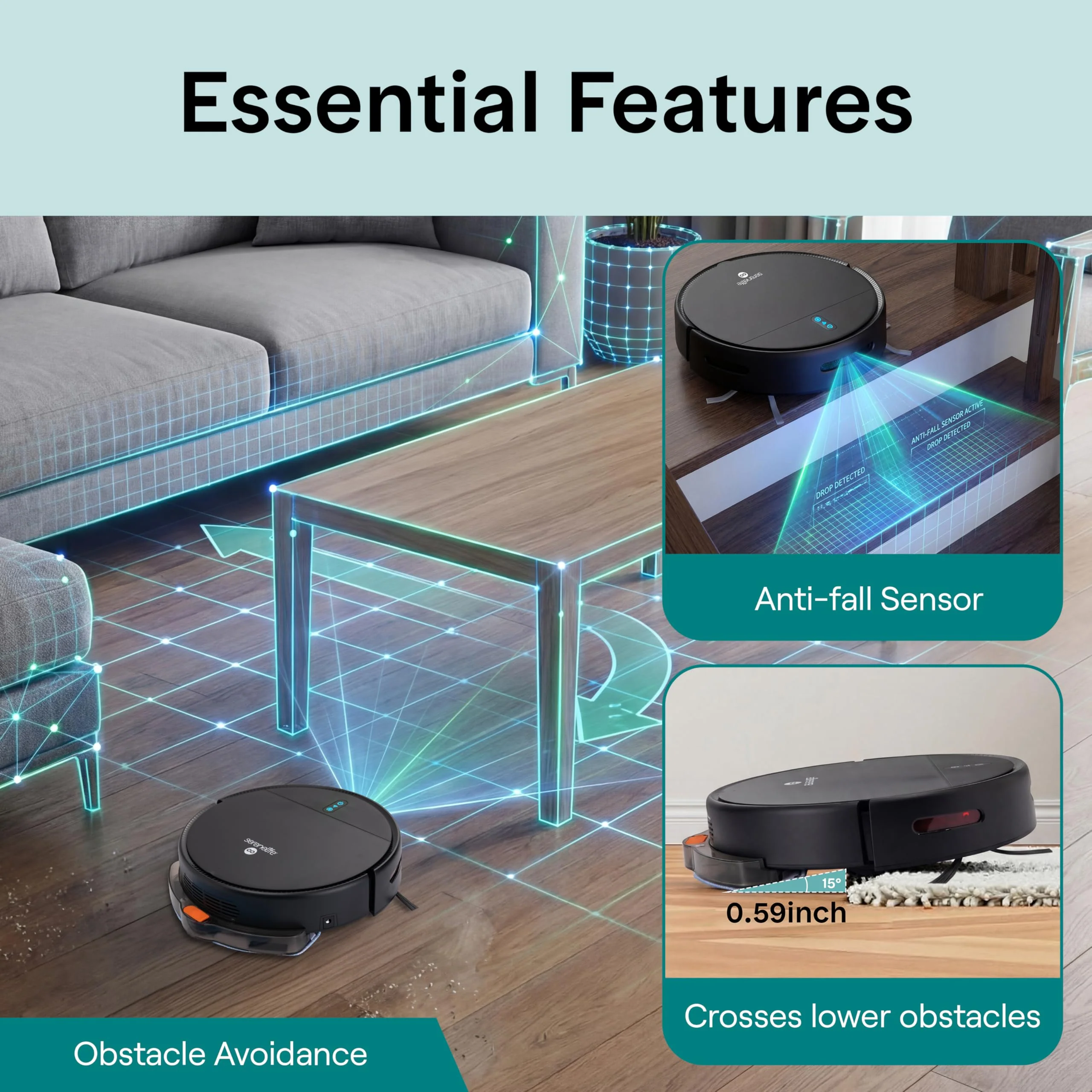 SereneLife Saugroboter mit Wischfunktion, 700Pa Saugroboter, 3-in1- Saug und Wischroboter, Staubsaugroboter mit APP Steuerung, Vacum Robot mit Absturzsensoren-Ideal für Tierhaare & Teppich, Schwarz - Image 2