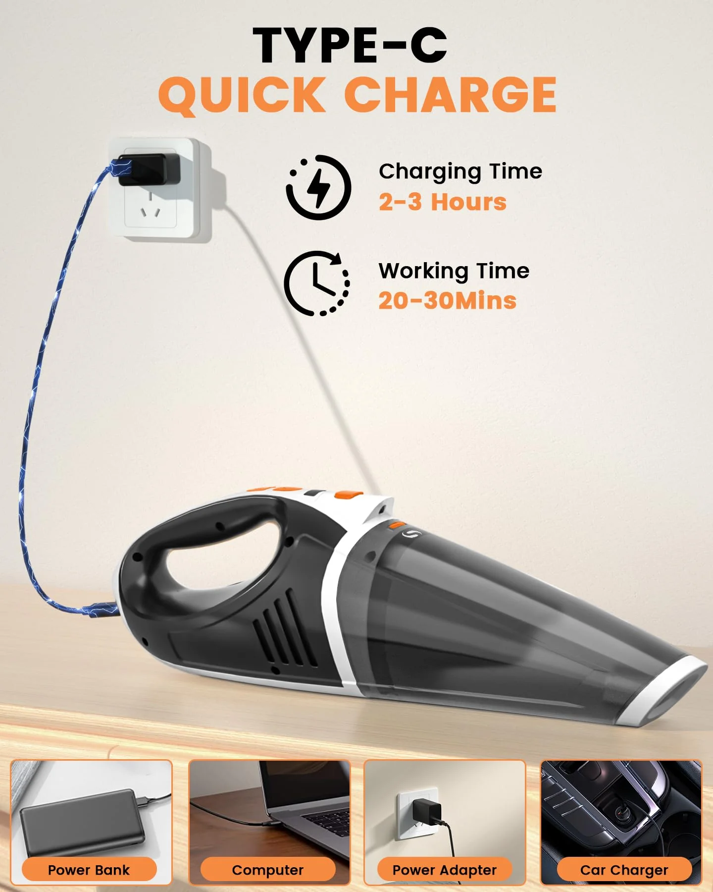 SERVOMASTER Handstaubsauger 15000Pa, Handstaubsauger Akku Kabellos mit Hoher Leistung, 2 Geschwindigkeitsstufen und LED-Licht, Mini Staubsauger mit waschbarem HEPA-Filter für Auto, Büro und Haustier - Image 7