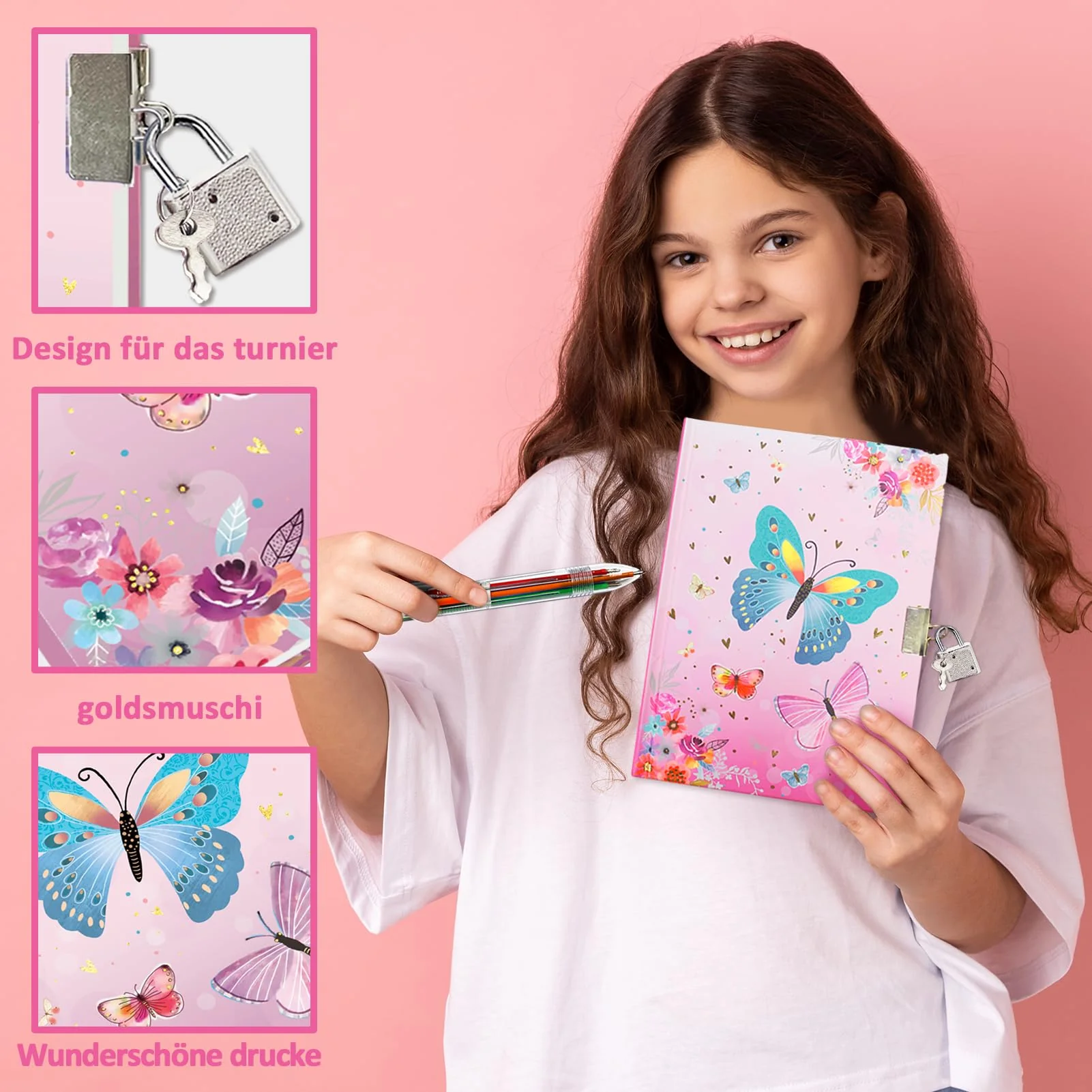 Set Tagebuch Mädchen, Kinder Schreibwaren-Geschenkset Enthält Schmetterlings Tagebuch mit Schloss Notizblock Radiergummi Spitzer Lineal & 6-Farben-Stift für Teenager Notizbuch Geschenke 6-12 Jahren - Image 4