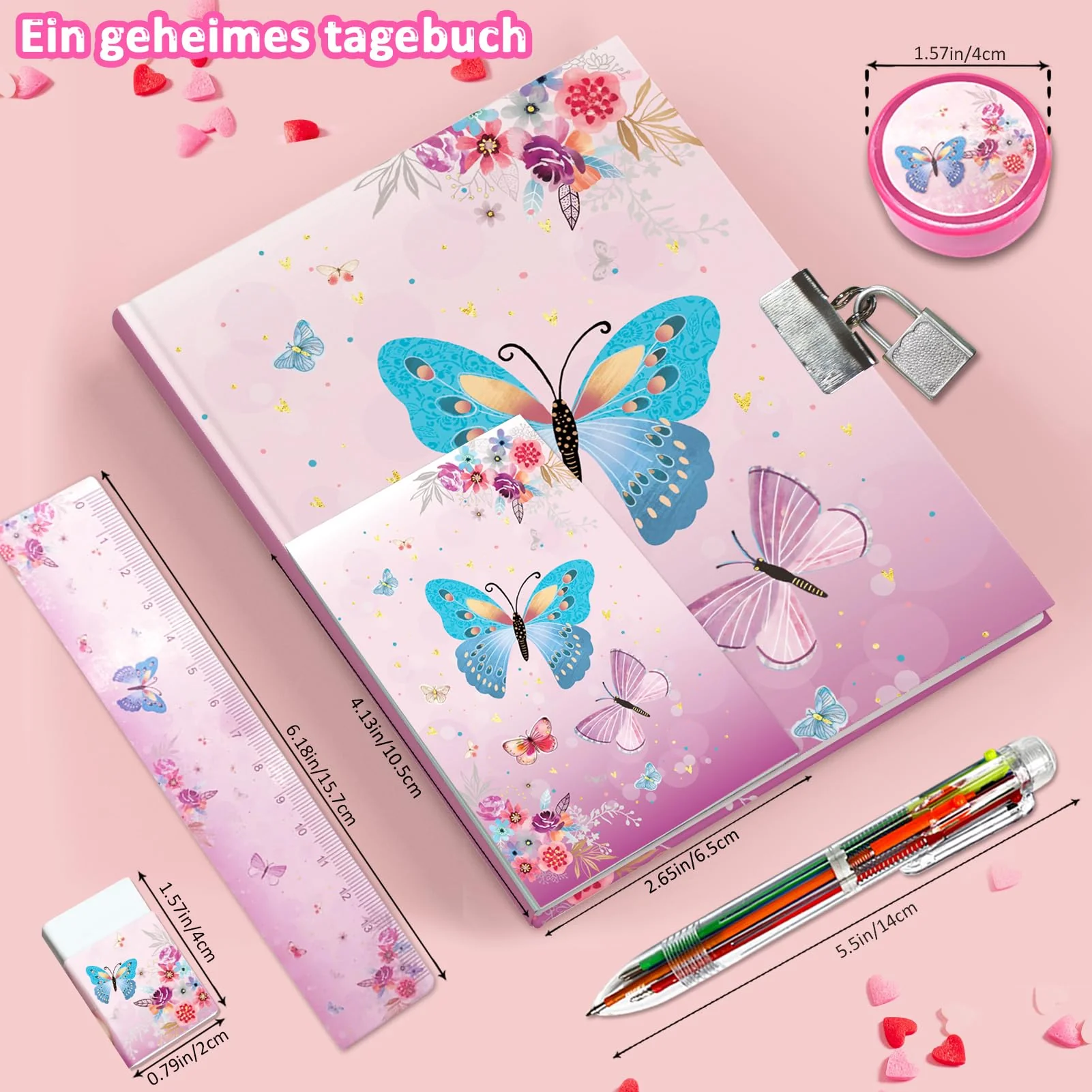 Set Tagebuch Mädchen, Kinder Schreibwaren-Geschenkset Enthält Schmetterlings Tagebuch mit Schloss Notizblock Radiergummi Spitzer Lineal & 6-Farben-Stift für Teenager Notizbuch Geschenke 6-12 Jahren - Image 5