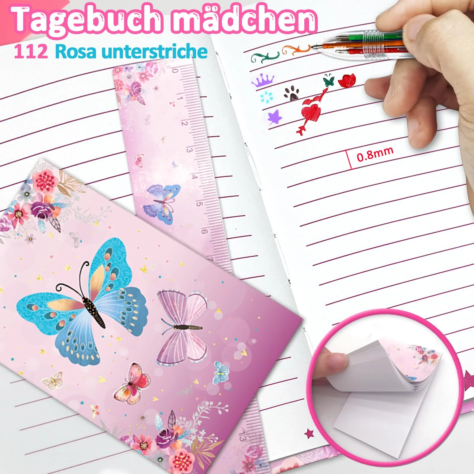 Set Tagebuch Mädchen, Kinder Schreibwaren-Geschenkset Enthält Schmetterlings Tagebuch mit Schloss Notizblock Radiergummi Spitzer Lineal & 6-Farben-Stift für Teenager Notizbuch Geschenke 6-12 Jahren - Image 6