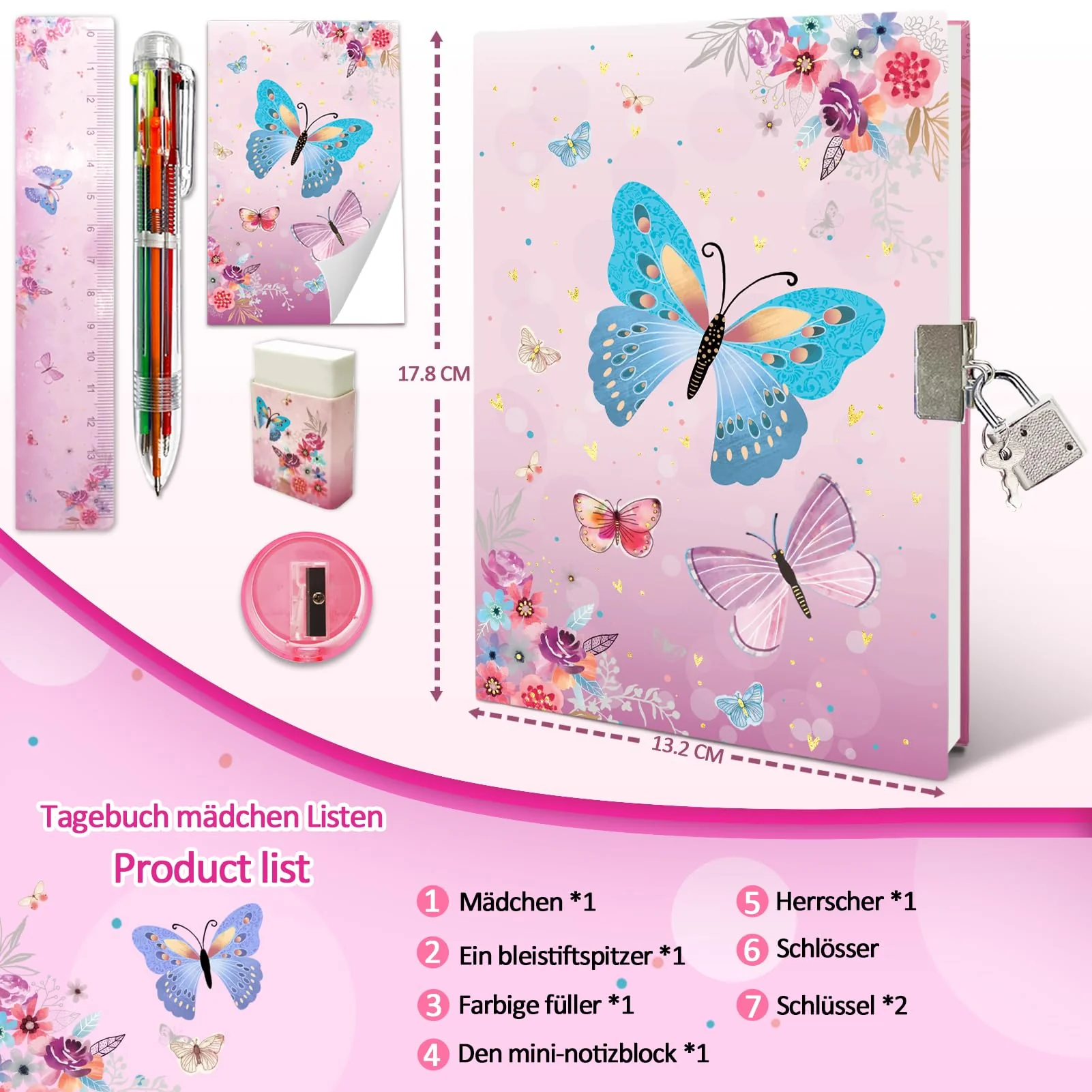 Set Tagebuch Mädchen, Kinder Schreibwaren-Geschenkset Enthält Schmetterlings Tagebuch mit Schloss Notizblock Radiergummi Spitzer Lineal & 6-Farben-Stift für Teenager Notizbuch Geschenke 6-12 Jahren - Image 7
