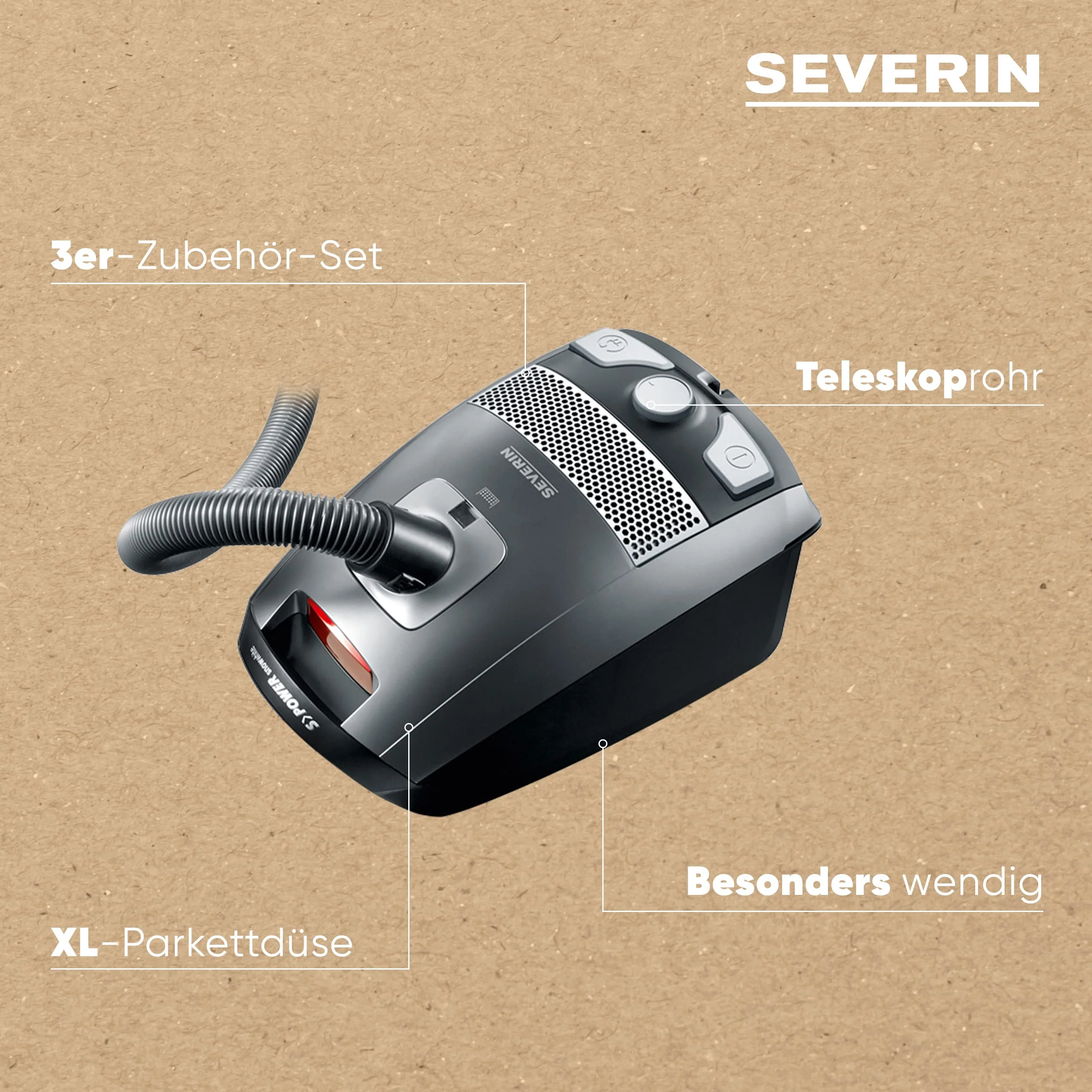 SEVERIN Bodenstaubsauger mit Beutel S'POWER, leistungsstarker & leiser Staubsauger mit 360° Rollen, HEPA 13 Filter, Zubehör für Parkett & Teppich, platingrau - granatrot, BC 7045 - Image 11