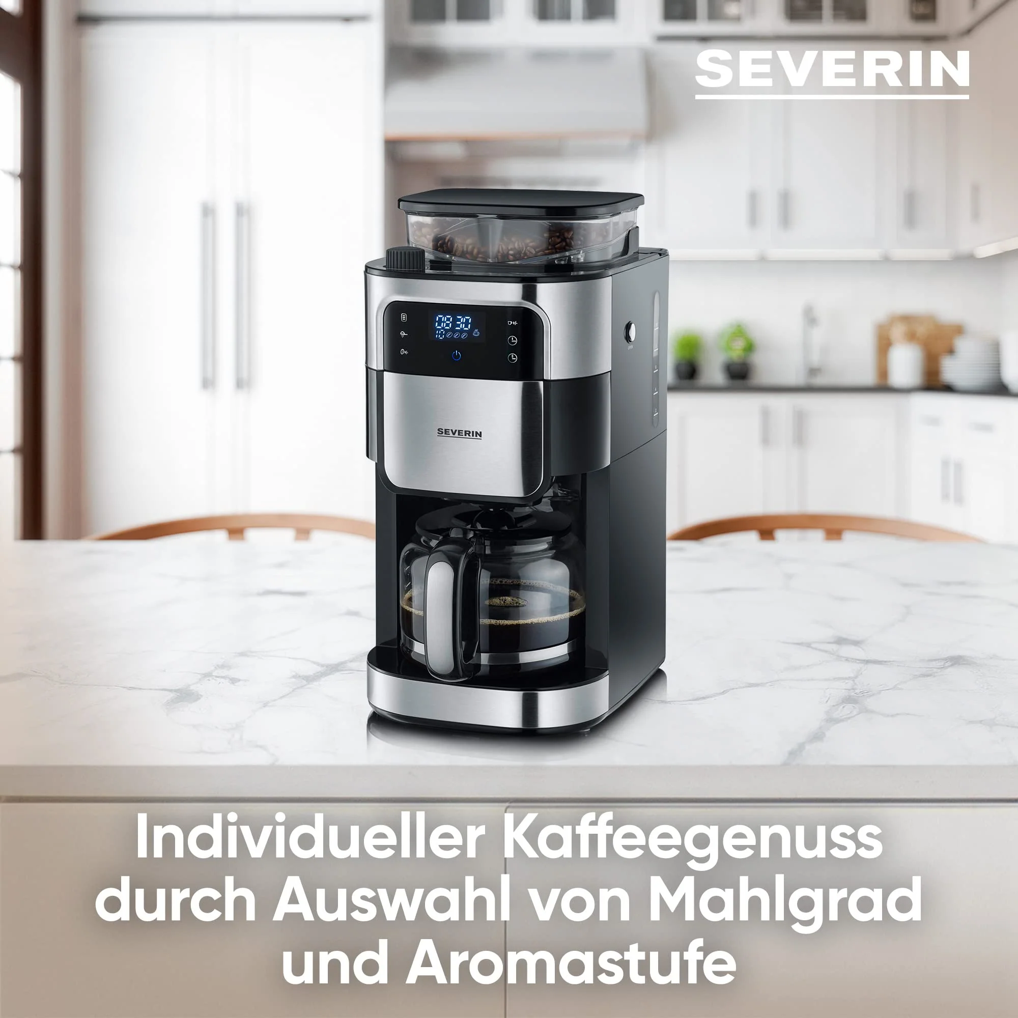 SEVERIN Kaffeemaschine mit Mahlwerk, Kaffeeautomat mit Glaskanne und Timer-Funktion, auch als Filterkaffeemaschine, für bis zu 10 Tassen Kaffee, 1000 Watt, schwarz/ Edelstahl, KA 4813 - Image 12