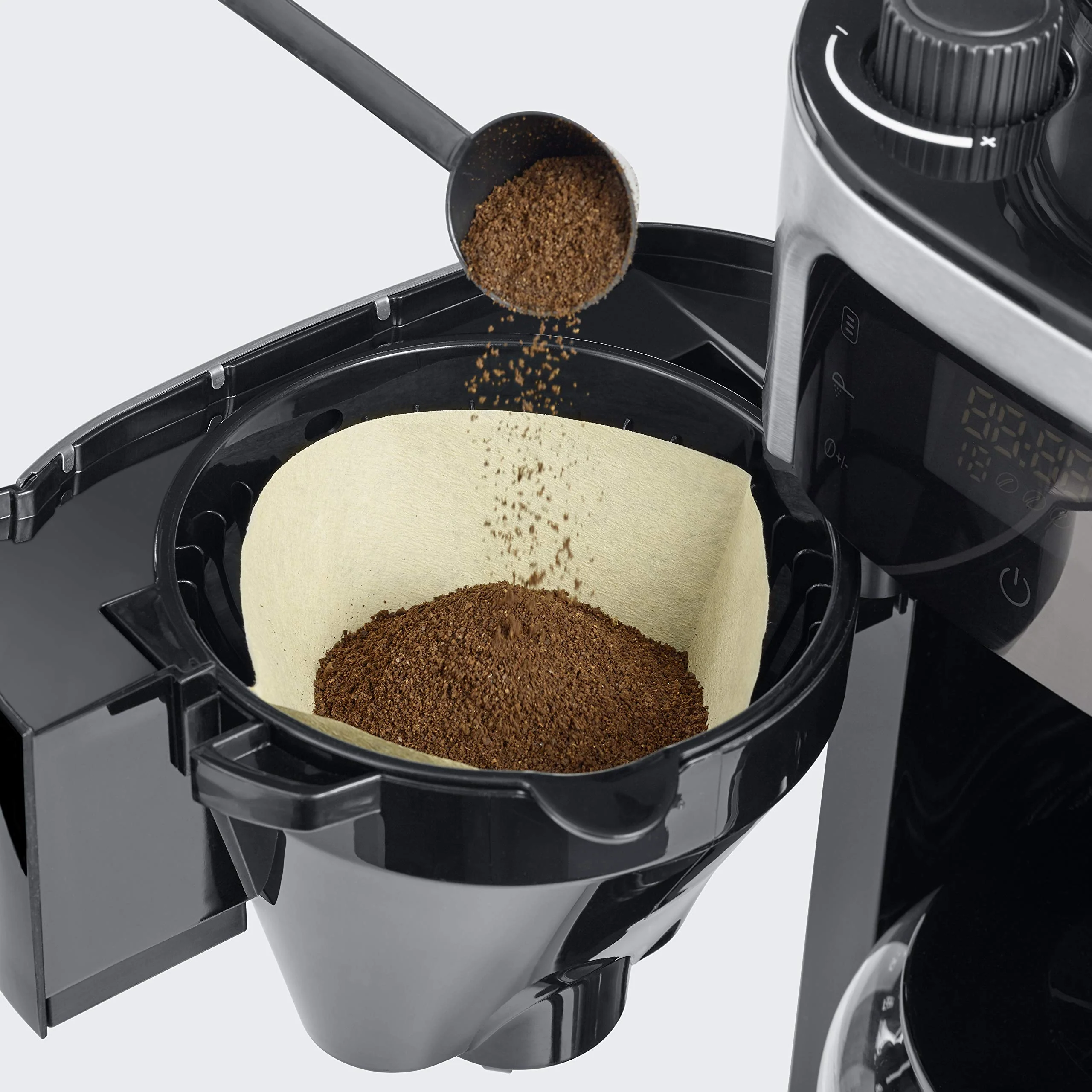SEVERIN Kaffeemaschine mit Mahlwerk, Kaffeeautomat mit Glaskanne und Timer-Funktion, auch als Filterkaffeemaschine, für bis zu 10 Tassen Kaffee, 1000 Watt, schwarz/ Edelstahl, KA 4813 - Image 6