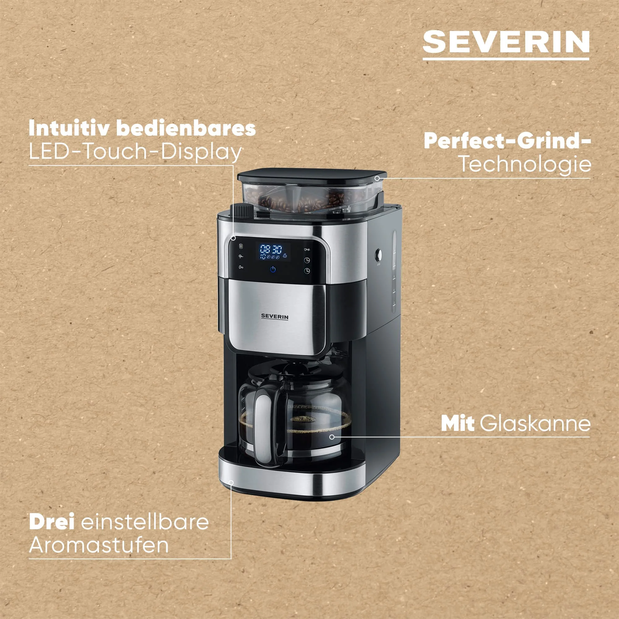 SEVERIN Kaffeemaschine mit Mahlwerk, Kaffeeautomat mit Glaskanne und Timer-Funktion, auch als Filterkaffeemaschine, für bis zu 10 Tassen Kaffee, 1000 Watt, schwarz/ Edelstahl, KA 4813 - Image 8