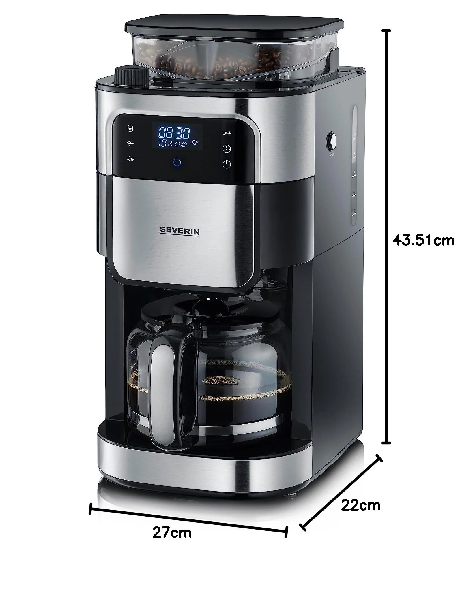SEVERIN Kaffeemaschine mit Mahlwerk, Kaffeeautomat mit Glaskanne und Timer-Funktion, auch als Filterkaffeemaschine, Glas-Kaffeekanne für 8 Tassen, 1000 Watt, Edelstahl-gebürstet / Schwarz, KA 4810 - Image 10