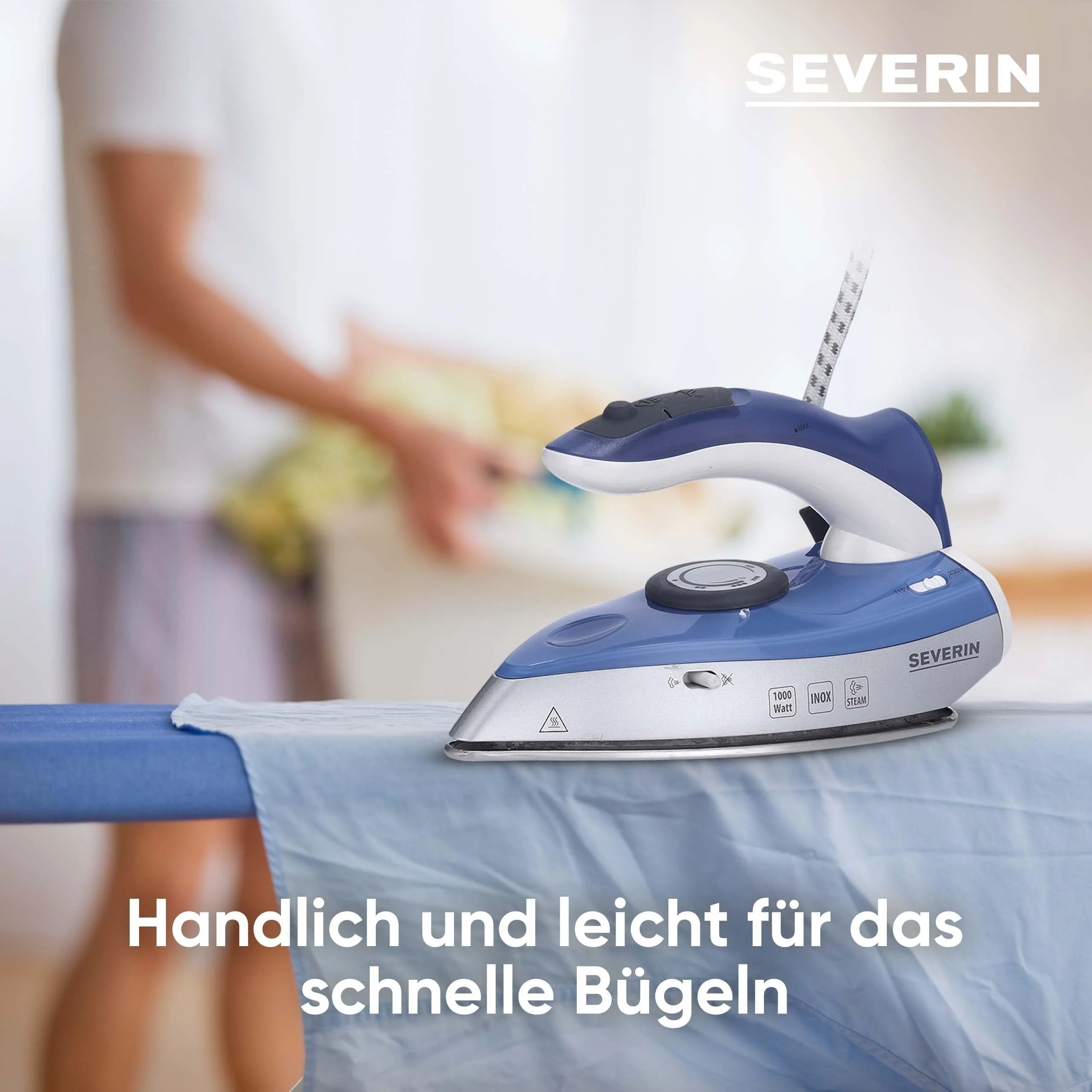 SEVERIN Reise-Dampfbügeleisen mit klappbarem Griff, Mini-Bügeleisen, umschaltbare Mehrfach-Spannung von 115/230V, Temperaturregler, Reise Bügeleisen, Steam Iron, klappbar, 1.000 Watt, BA 3234 - Image 2