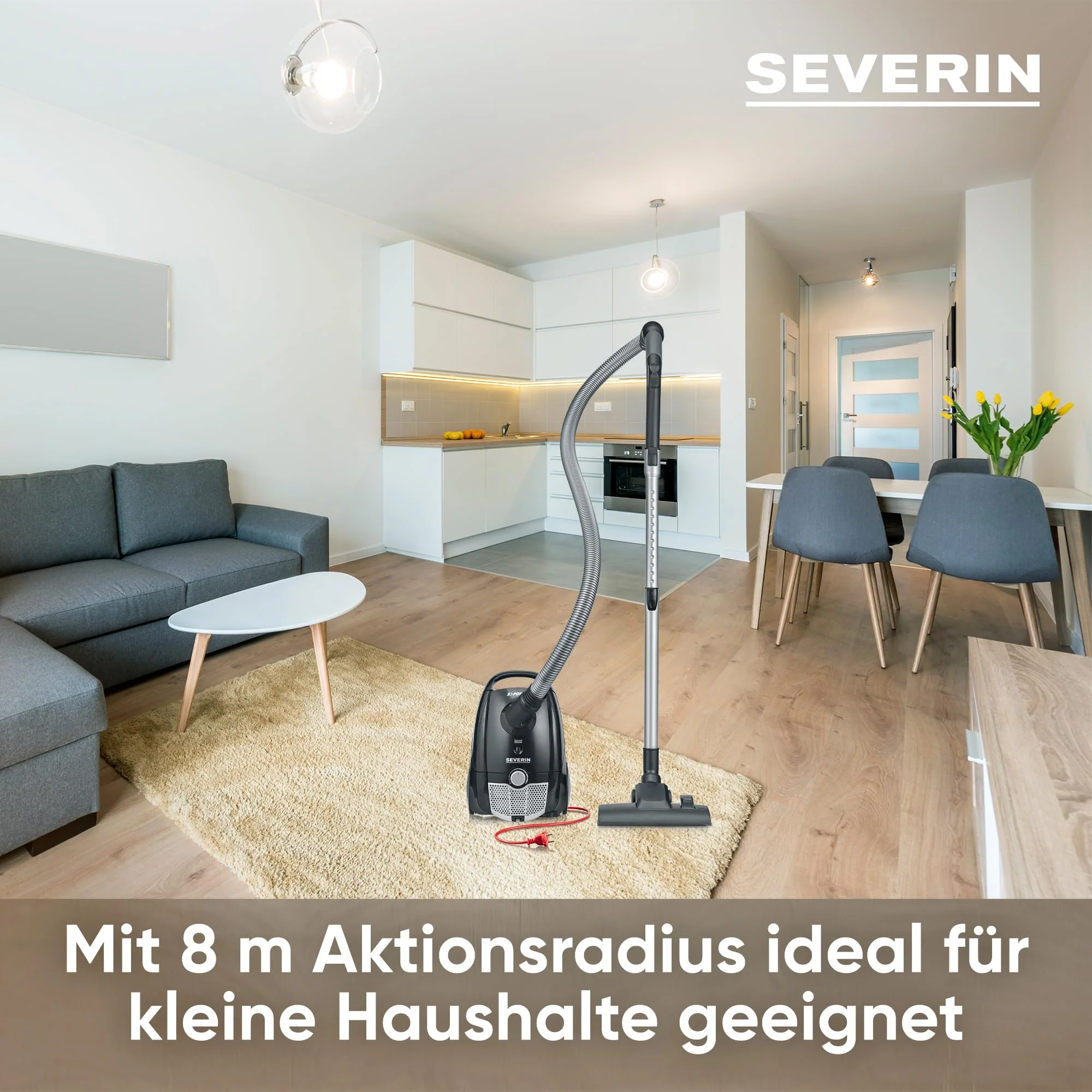 SEVERIN Staubsauger mit Beutel, kompakter & leiser Bodenstaubsauger für Teppich - & Hartböden, 750 W, Soft-Sound-Bodendüse, 8 m Reichweite, schwarz, BC 7030 - Image 2