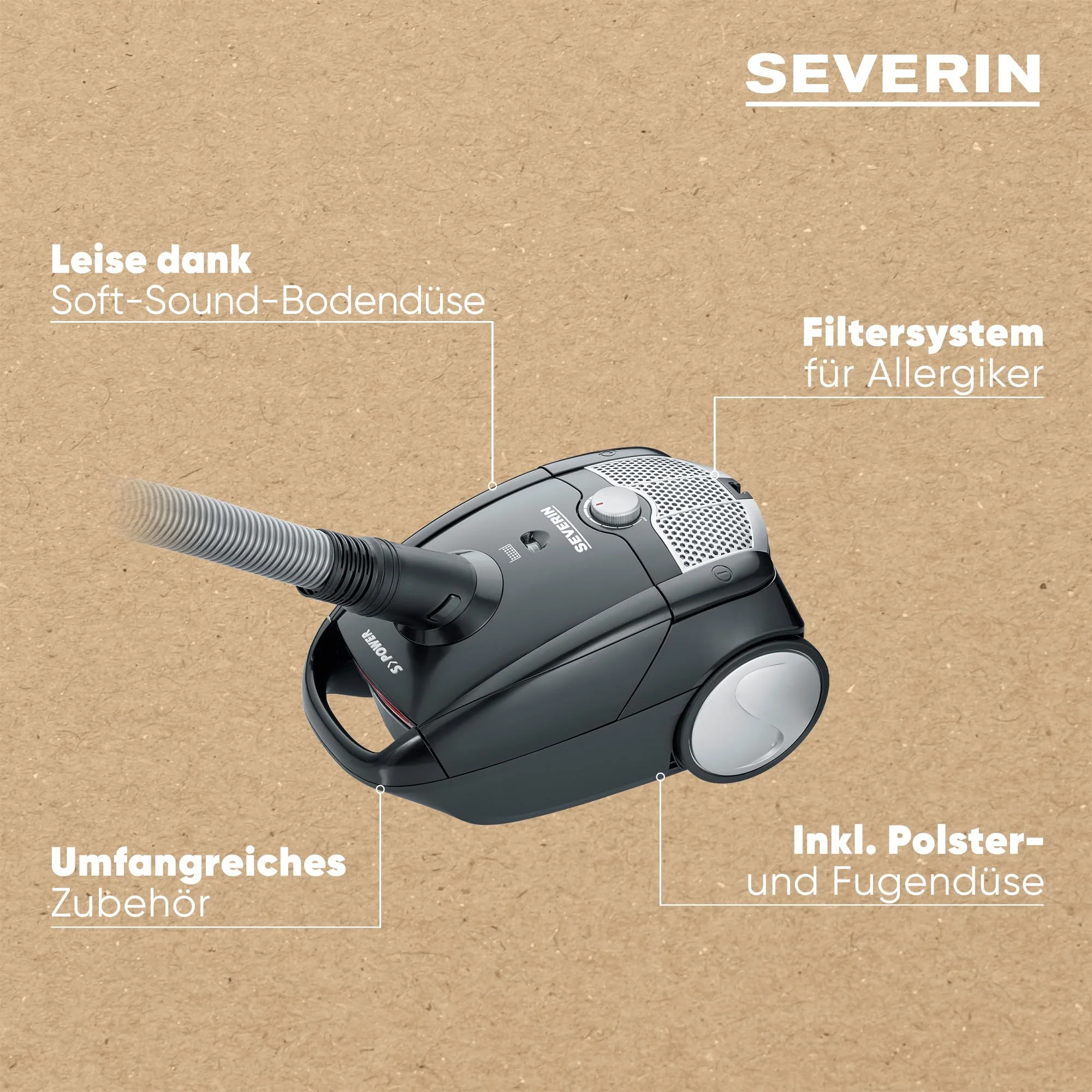 SEVERIN Staubsauger mit Beutel, kompakter & leiser Bodenstaubsauger für Teppich - & Hartböden, 750 W, Soft-Sound-Bodendüse, 8 m Reichweite, schwarz, BC 7030 - Image 5