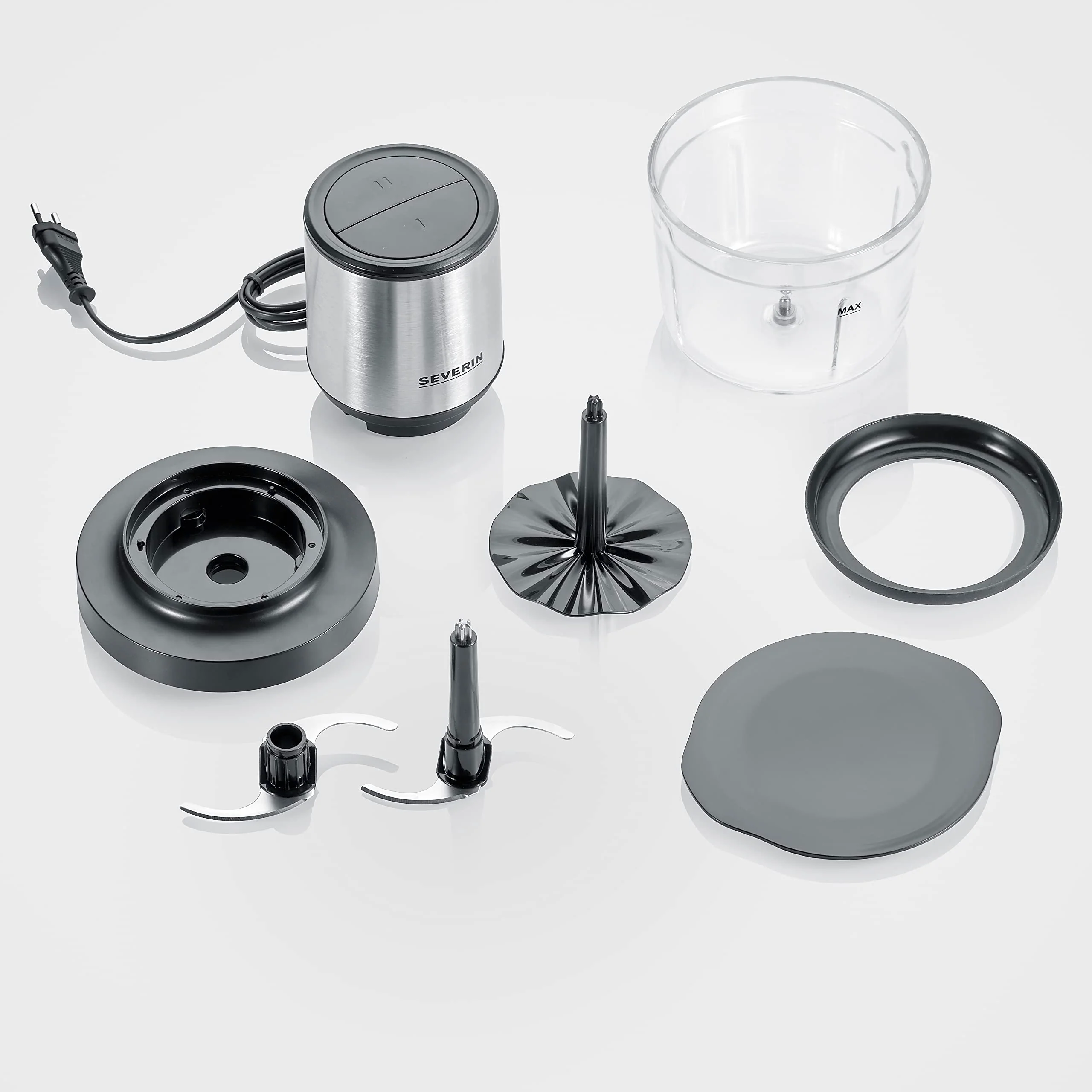 SEVERIN Universalzerkleinerer, Multizerkleinerer für grobes und feines Zerkleinern, geeignet für Crushed Ice, Käse, Nüsse und mehr, matt-schwarz/Edelstahl-gebürstet, KM 3867