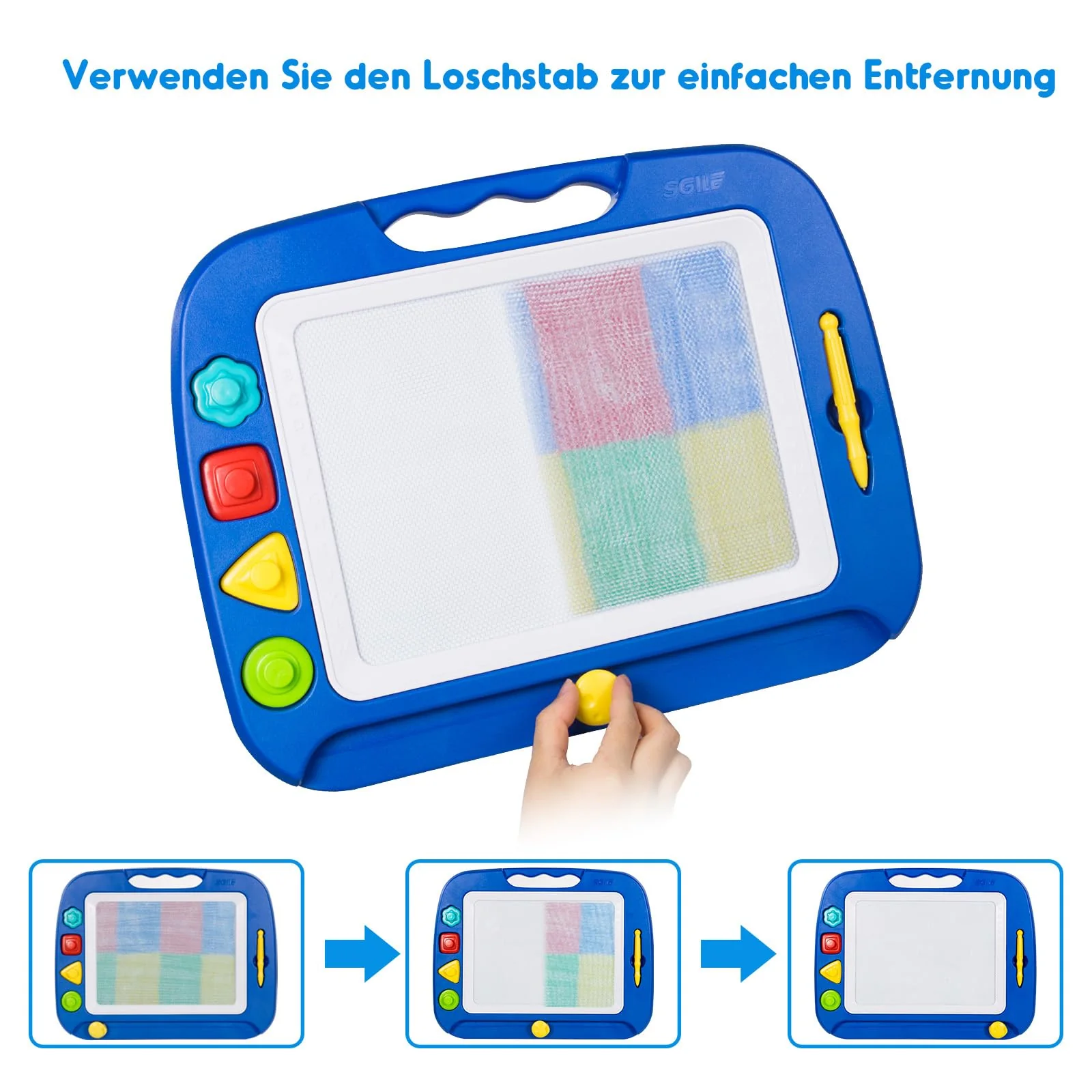 SGILE Große Magnetische Maltafel Zaubertafel, 42x32cm Zeichentafel Zaubermaltafel Malbrett mit 4 Form Stempel für Kinder ab 3 Jahre Geschenk, Blau - Image 3