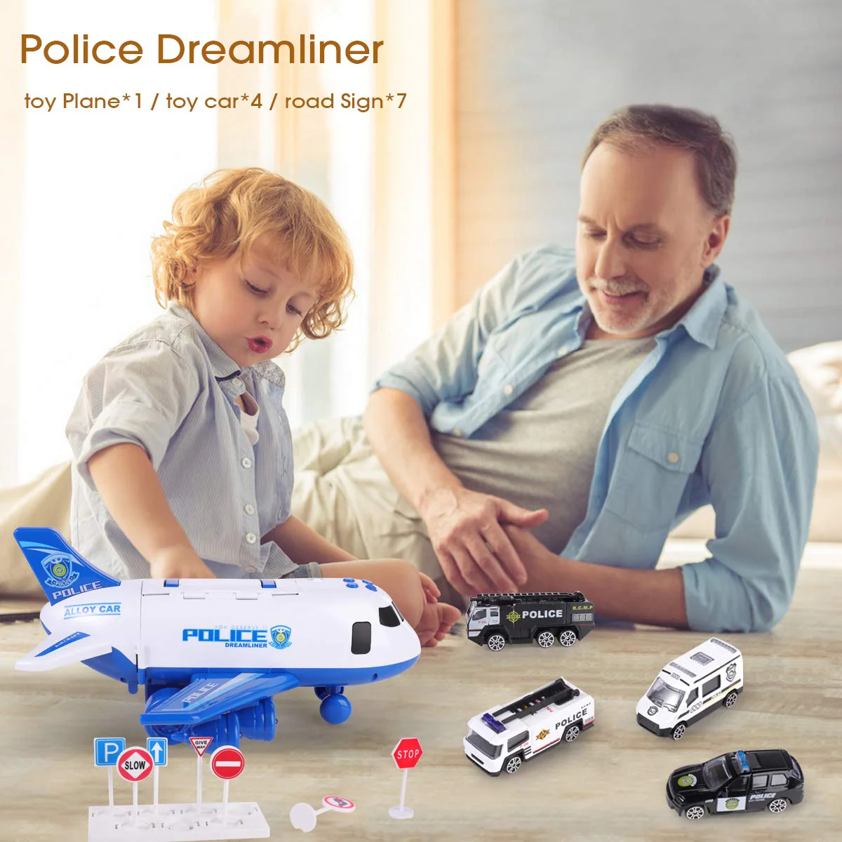SHANNA Flugzeug Spielset Mit Trägheitsrad und Fahrzeugen - Lernspielzeug Set Mit 1 Großem Flugzeug, 4 Legiertes Auto für Kleinkinder Über 3 Jahre (Polizeiauto-Blau) - Image 2