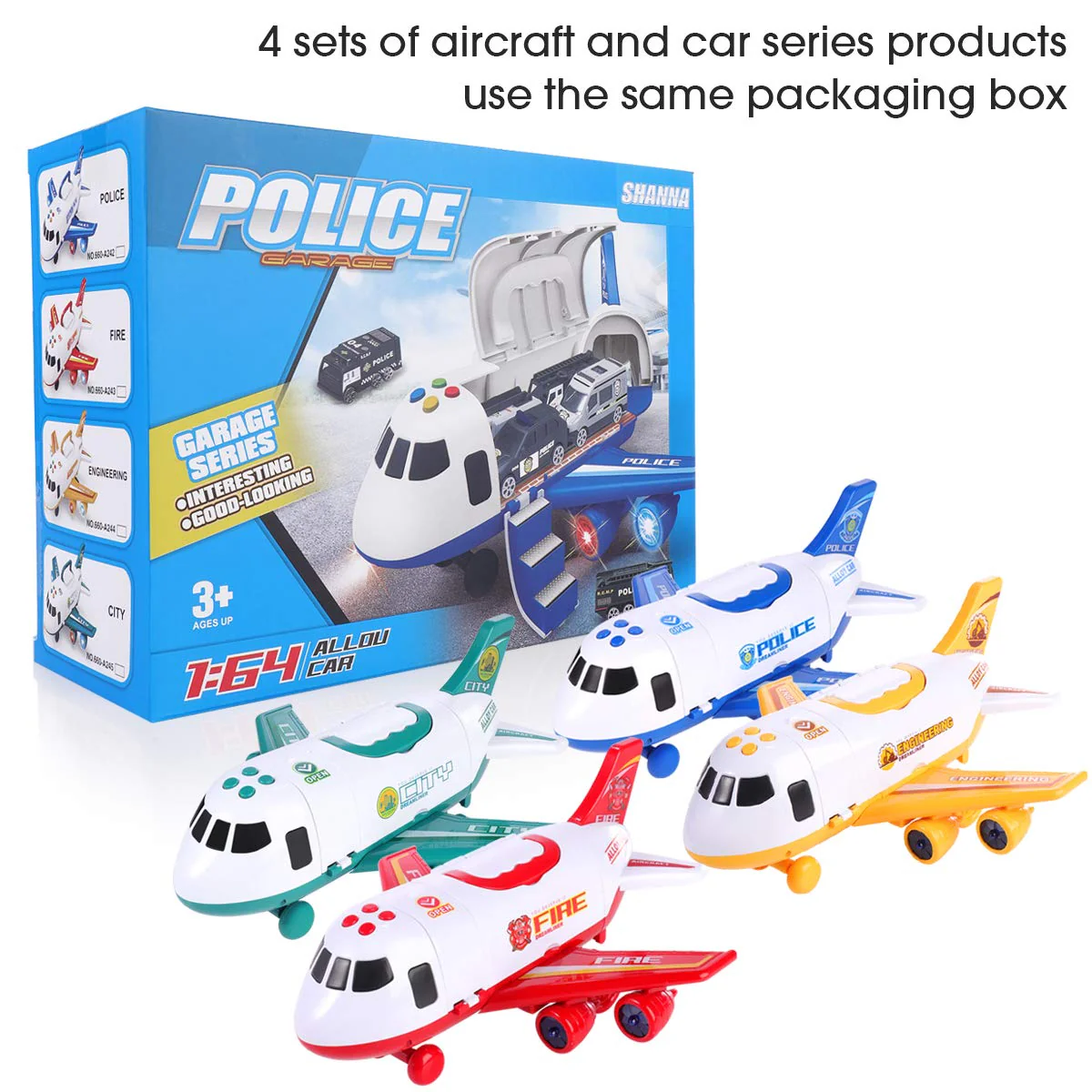 SHANNA Flugzeug Spielset Mit Trägheitsrad und Fahrzeugen - Lernspielzeug Set Mit 1 Großem Flugzeug, 4 Legiertes Auto für Kleinkinder Über 3 Jahre (Polizeiauto-Blau) - Image 3