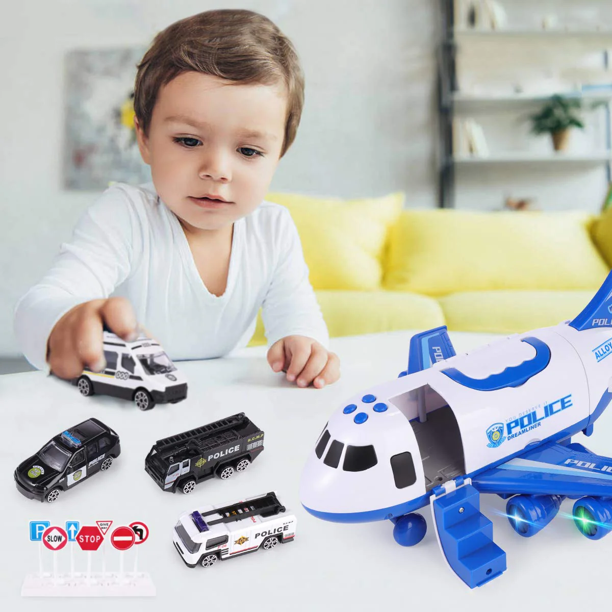 SHANNA Flugzeug Spielset Mit Trägheitsrad und Fahrzeugen - Lernspielzeug Set Mit 1 Großem Flugzeug, 4 Legiertes Auto für Kleinkinder Über 3 Jahre (Polizeiauto-Blau) - Image 8