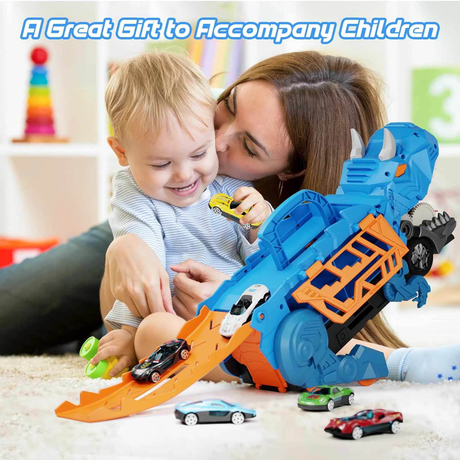 Shawe Dinosaurier Transporter Truck Auto Spielzeug ab 3 4 5 6 Jahre mit 6 Die-Cast-Fahrzeugen, Autorennbahn Aufbewahrung Verschlucken Transformierbar Spielzeugautos Geschenk für Jungen Mädchen Kinder - Image 2