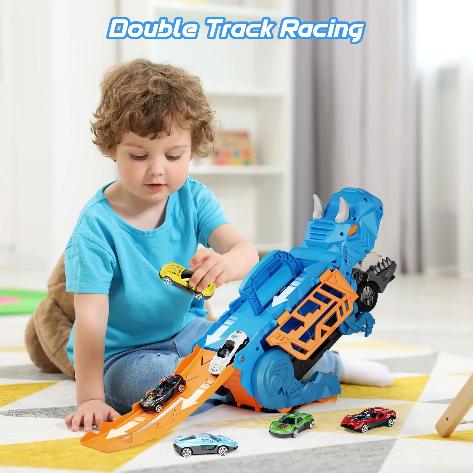 Shawe Dinosaurier Transporter Truck Auto Spielzeug ab 3 4 5 6 Jahre mit 6 Die-Cast-Fahrzeugen, Autorennbahn Aufbewahrung Verschlucken Transformierbar Spielzeugautos Geschenk für Jungen Mädchen Kinder - Image 4