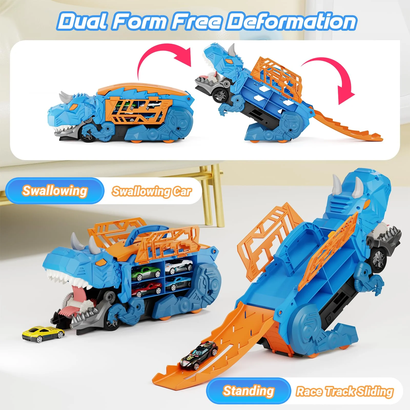 Shawe Dinosaurier Transporter Truck Auto Spielzeug ab 3 4 5 6 Jahre mit 6 Die-Cast-Fahrzeugen, Autorennbahn Aufbewahrung Verschlucken Transformierbar Spielzeugautos Geschenk für Jungen Mädchen Kinder - Image 6