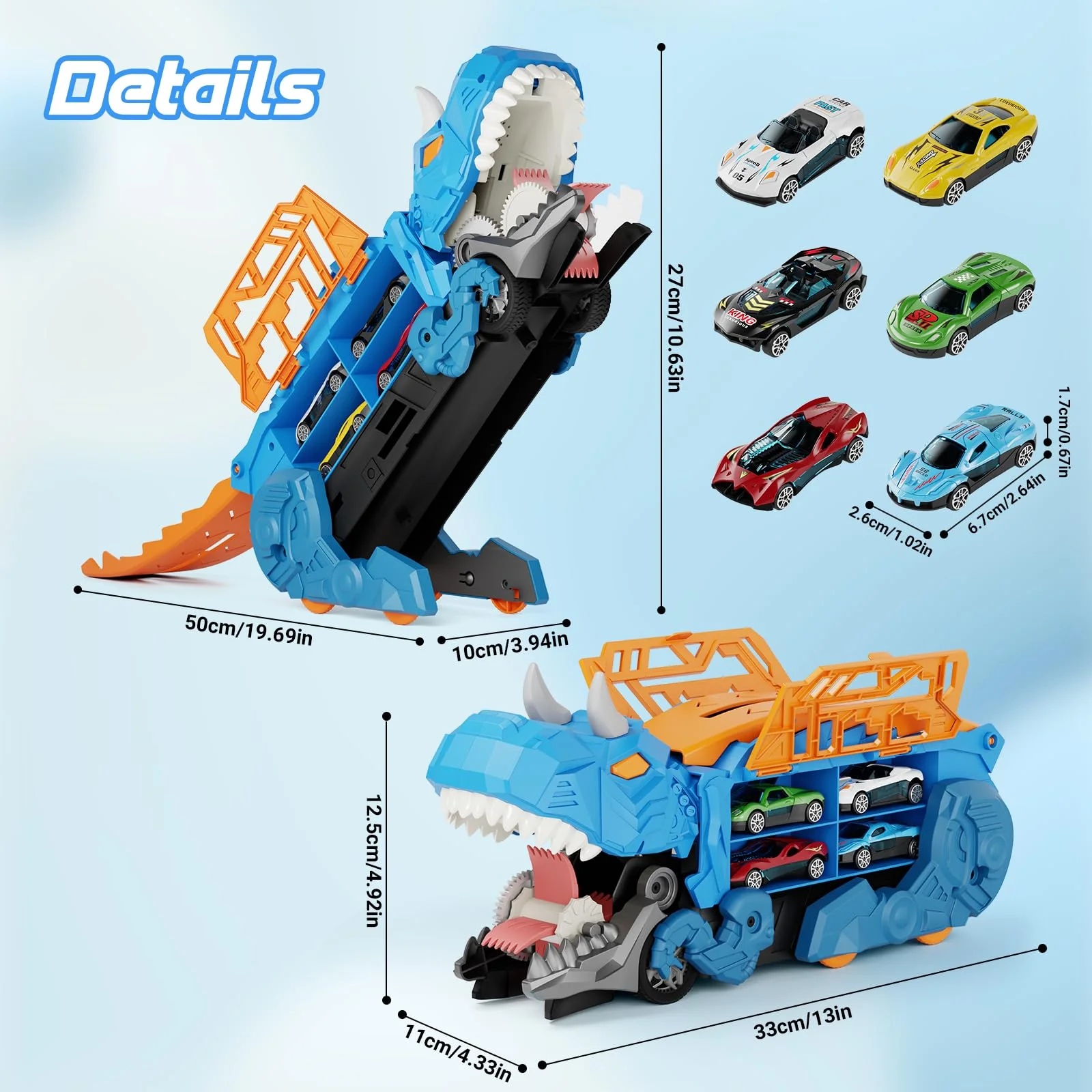 Shawe Dinosaurier Transporter Truck Auto Spielzeug ab 3 4 5 6 Jahre mit 6 Die-Cast-Fahrzeugen, Autorennbahn Aufbewahrung Verschlucken Transformierbar Spielzeugautos Geschenk für Jungen Mädchen Kinder - Image 7