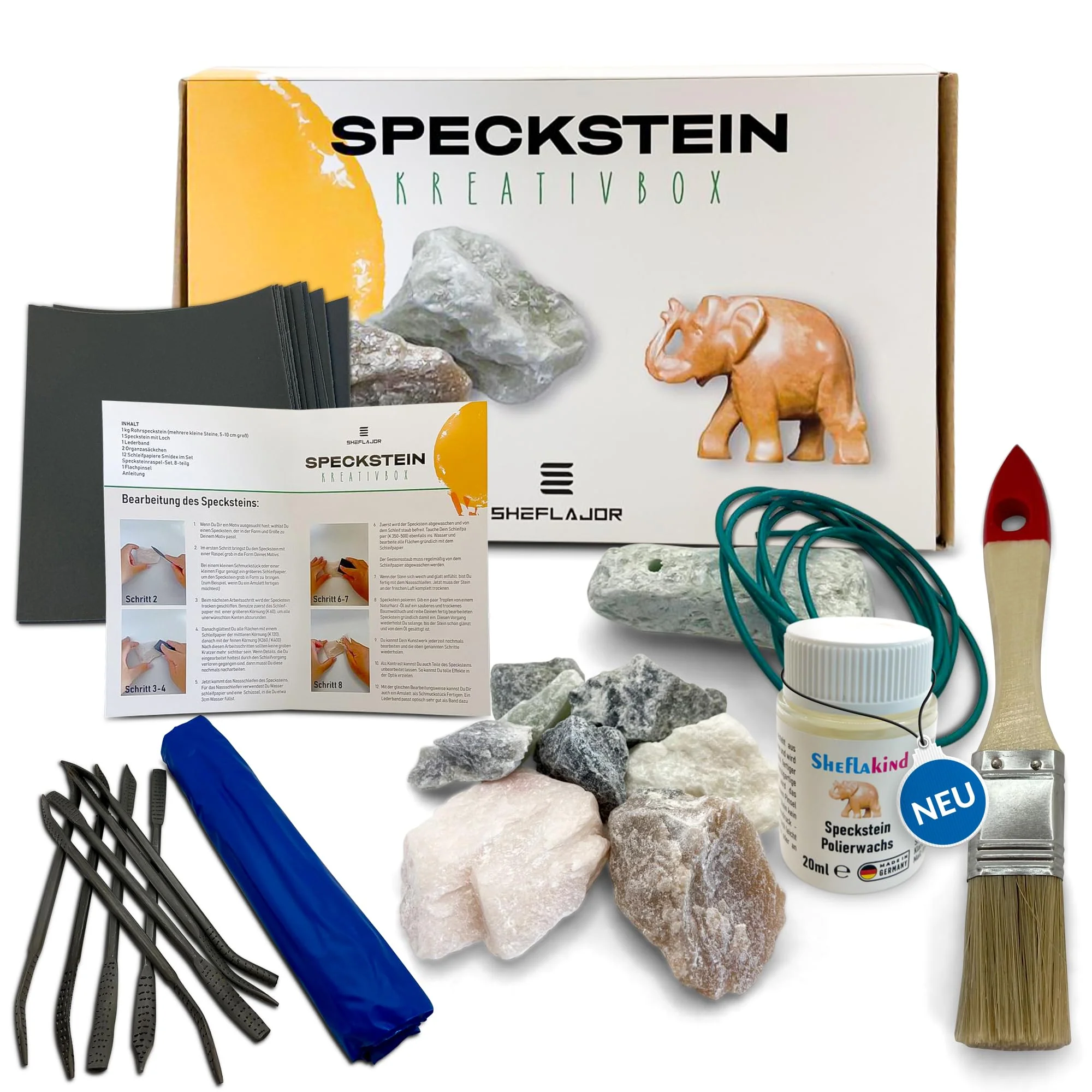 Sheflajor Speckstein-Set inkl. Polierwachs [Made in Germany] / Kreatives Bastelset für Kinder ab 7 Jahren, Mädchen, Jungen & Erwachsene/Fördert Konzentration & Stressabbau