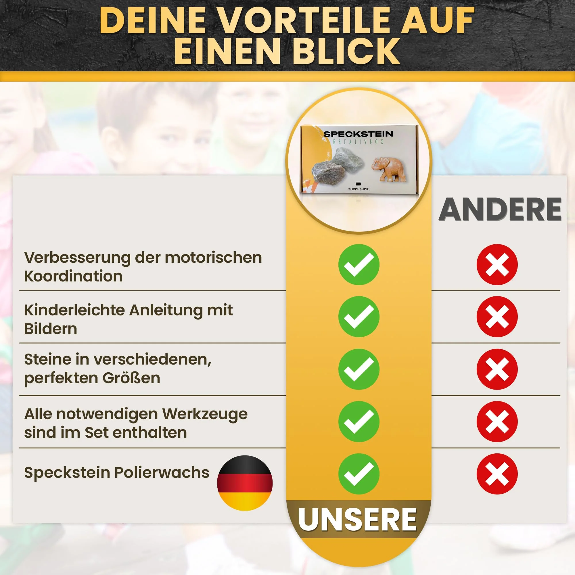 Sheflajor Speckstein-Set inkl. Polierwachs [Made in Germany] / Kreatives Bastelset für Kinder ab 7 Jahren, Mädchen, Jungen & Erwachsene/Fördert Konzentration & Stressabbau - Image 3