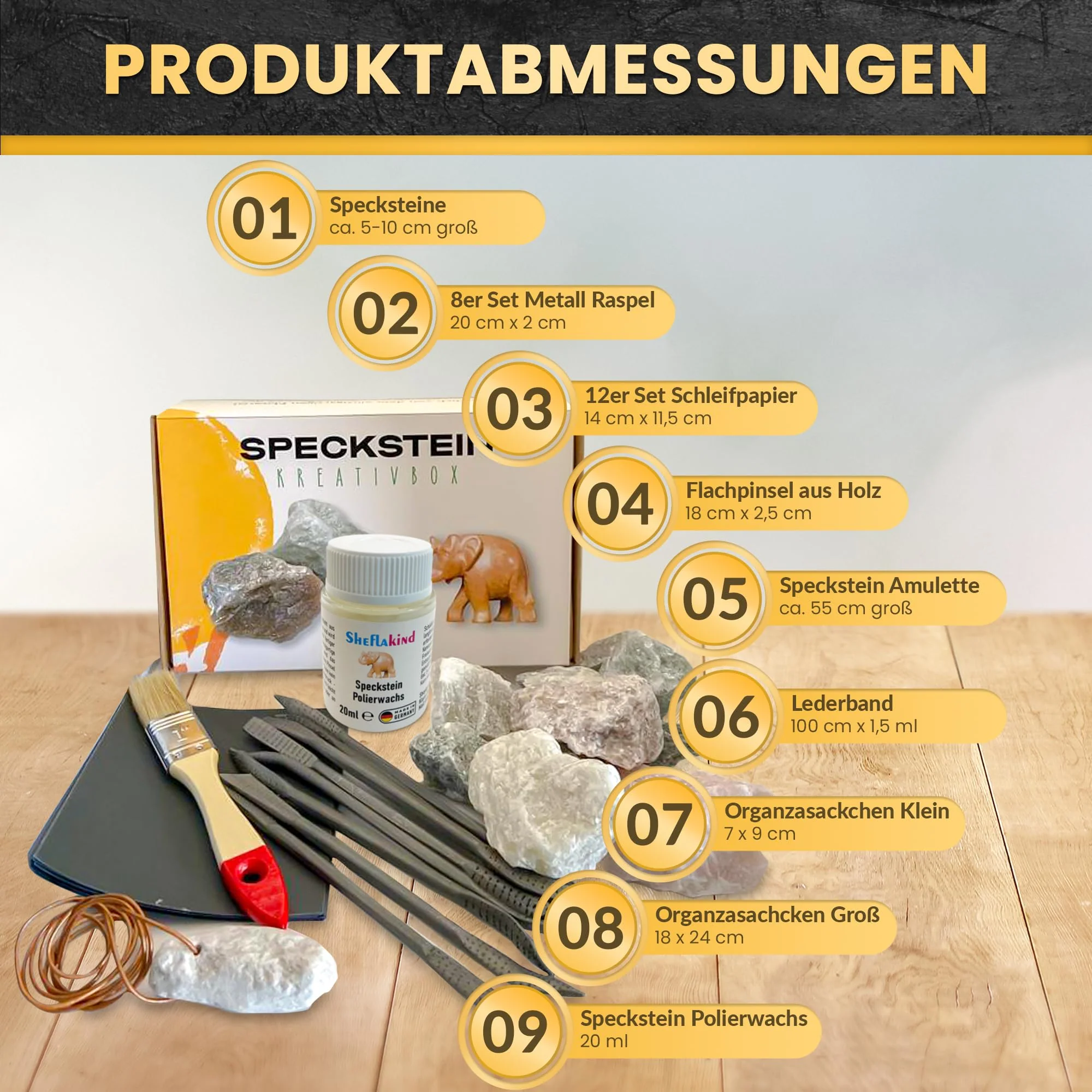 Sheflajor Speckstein-Set inkl. Polierwachs [Made in Germany] / Kreatives Bastelset für Kinder ab 7 Jahren, Mädchen, Jungen & Erwachsene/Fördert Konzentration & Stressabbau - Image 4