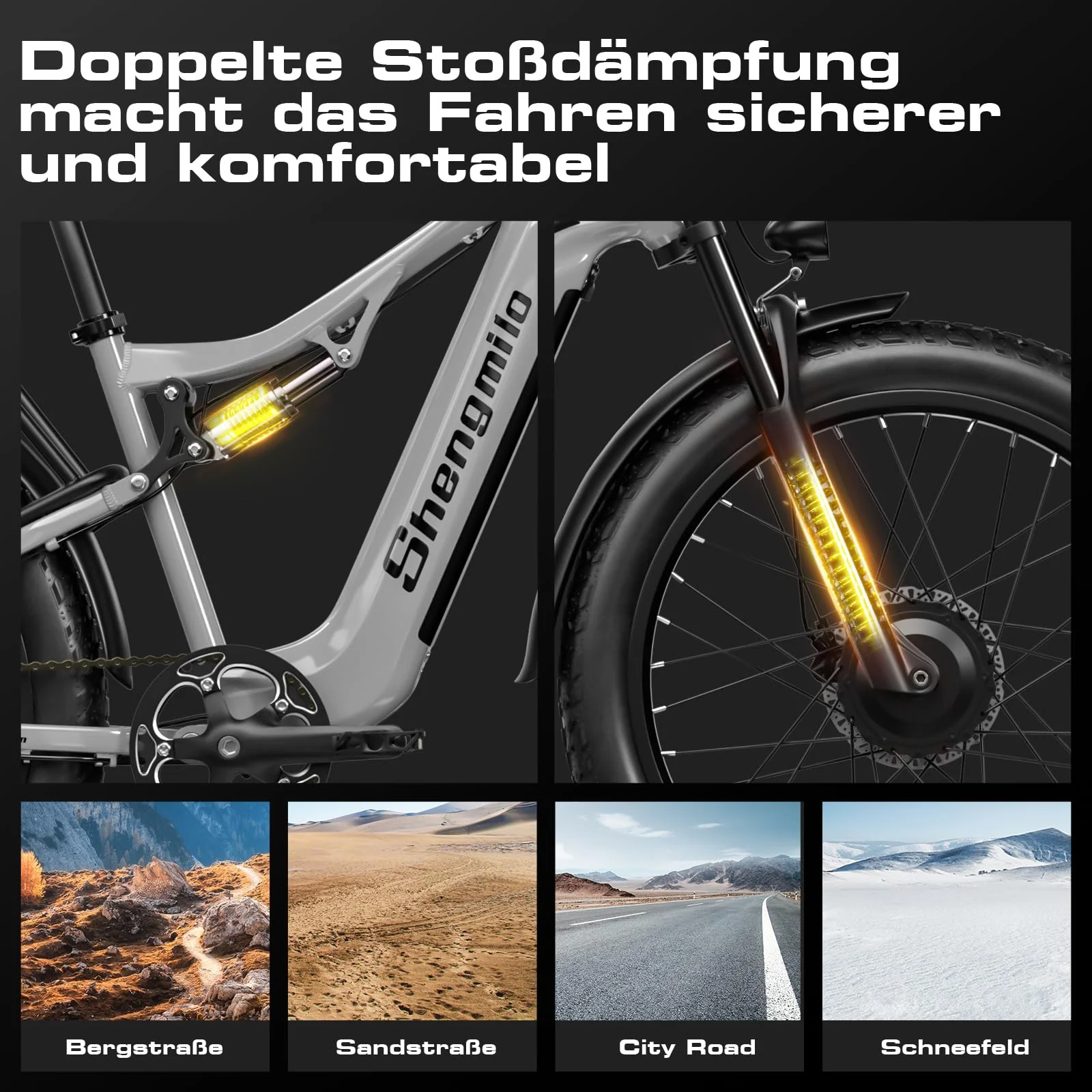 Shengmilo S600 2 * 1OOOW Dual Motor Aluminium Rahmen E-Bike, Drehmoment 80N.M×2,26Zoll,3.0 Fat Tire Elektrofahrrad, 840WH Akku mit abnehmbarem Li-Ion Akku und 7 Gangschaltung Herren Damen e Bike - Image 4