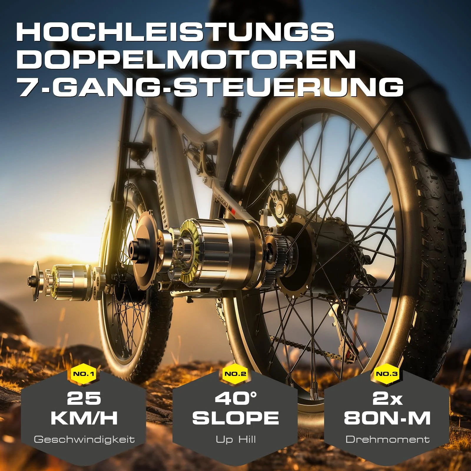 Shengmilo S600 2 * 1OOOW Dual Motor Aluminium Rahmen E-Bike, Drehmoment 80N.M×2,26Zoll,3.0 Fat Tire Elektrofahrrad, 840WH Akku mit abnehmbarem Li-Ion Akku und 7 Gangschaltung Herren Damen e Bike - Image 8