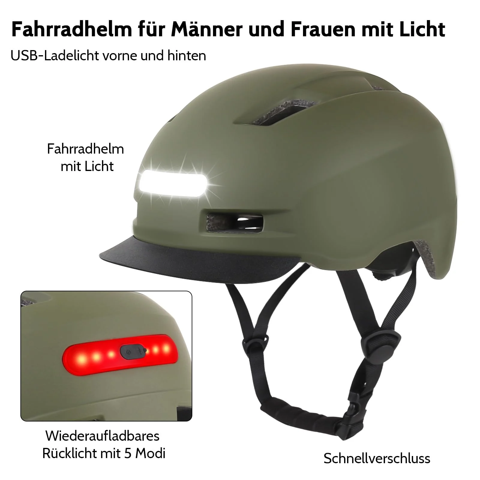 Shinmax Fahrradhelm Herren Damen, Helm Fahrrad mit USB Licht 5 Modi Fahrradhelm mit Visier, Mountainbike Helm Rennradhelm Erwachsen für Scooter Urban Pendler Green M - Image 5