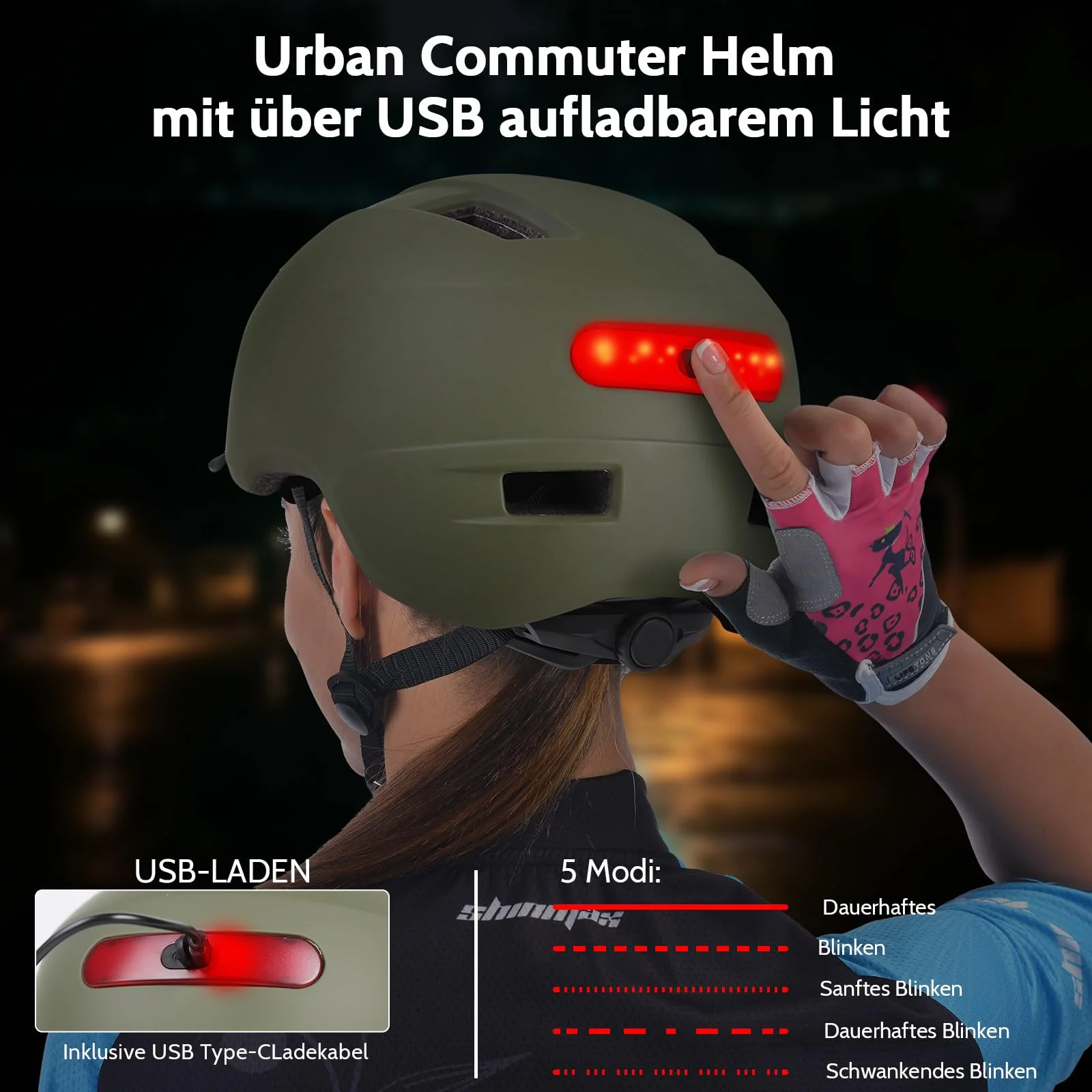 Shinmax Fahrradhelm Herren Damen, Helm Fahrrad mit USB Licht 5 Modi Fahrradhelm mit Visier, Mountainbike Helm Rennradhelm Erwachsen für Scooter Urban Pendler Green M - Image 7