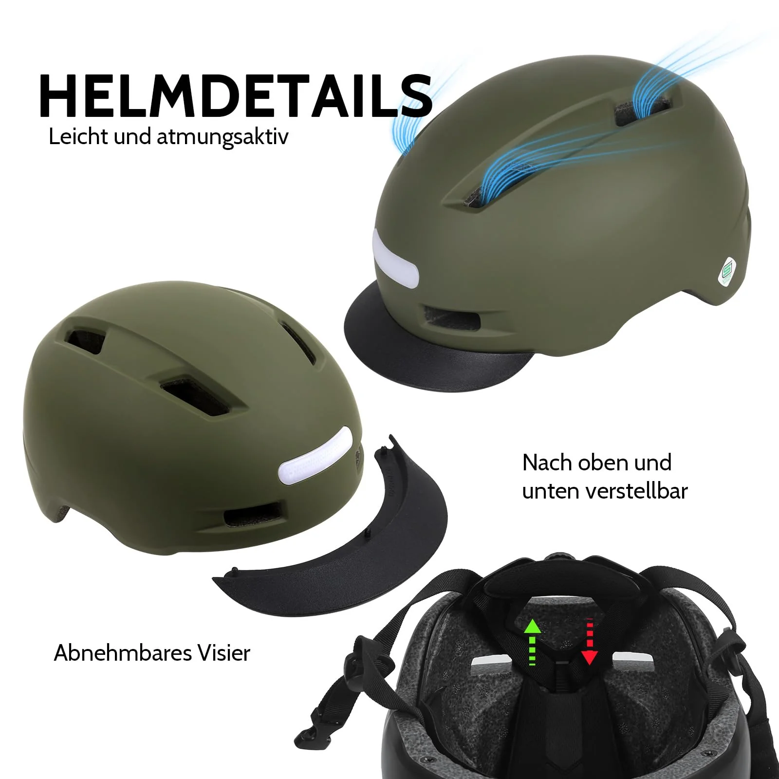 Shinmax Fahrradhelm Herren Damen, Helm Fahrrad mit USB Licht 5 Modi Fahrradhelm mit Visier, Mountainbike Helm Rennradhelm Erwachsen für Scooter Urban Pendler Green M - Image 8