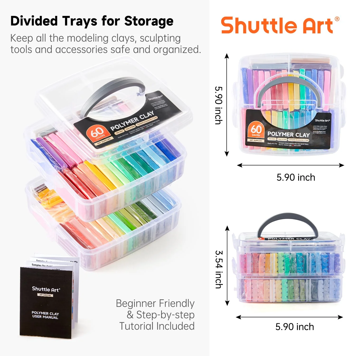 Shuttle Art Polymer Clay Set, 60 Farben Knete Set mit 140 Stück Polymer Clay Zubehör, Modelliermasse ofenhärtend, Polymer Ton mit 19 Schnitzwerkzeugen, Kinderknete, Knetemasse für Ohrringe, Armband - Image 2