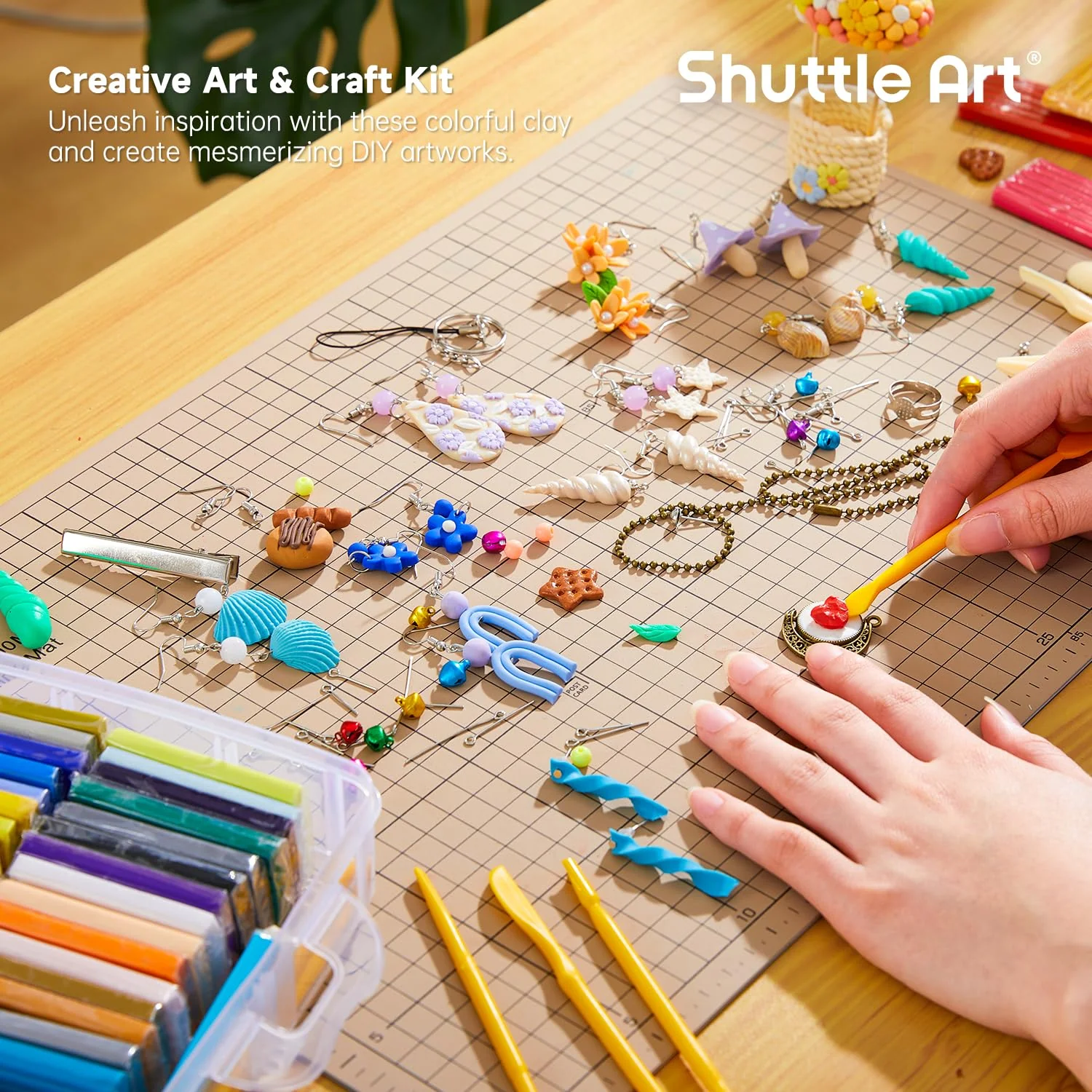 Shuttle Art Polymer Clay Set, 60 Farben Knete Set mit 140 Stück Polymer Clay Zubehör, Modelliermasse ofenhärtend, Polymer Ton mit 19 Schnitzwerkzeugen, Kinderknete, Knetemasse für Ohrringe, Armband - Image 5