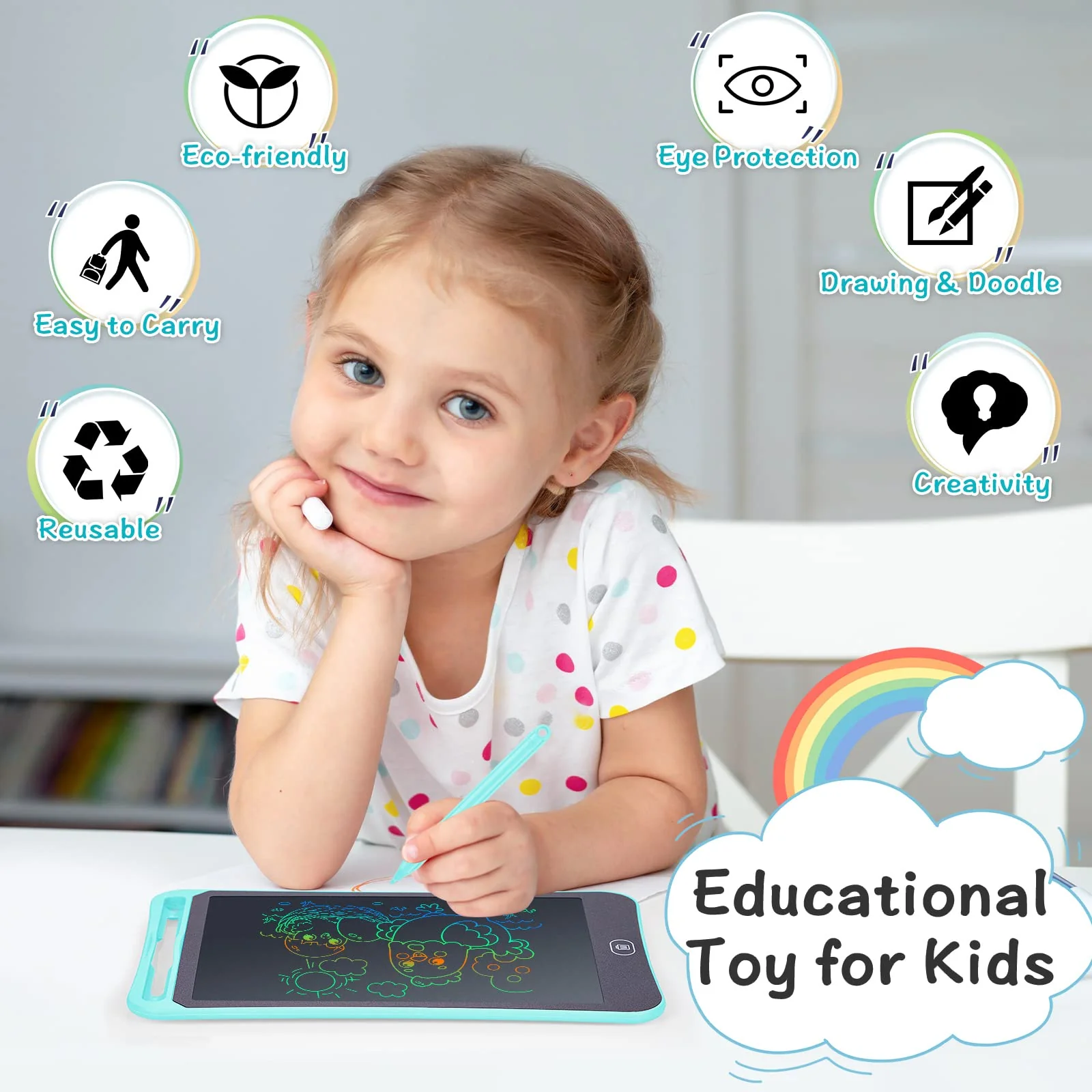 Sibontier LCD Schreibtablett, 8.5 Zoll Buntes Lichtmalen Lernspielzeug Kinder Kritzeltafel, löschbares elektronisches Zeichentablett mit Sperrschlüssel, Handschriftblock zum Zeichnen und Memo, Blau - Image 4