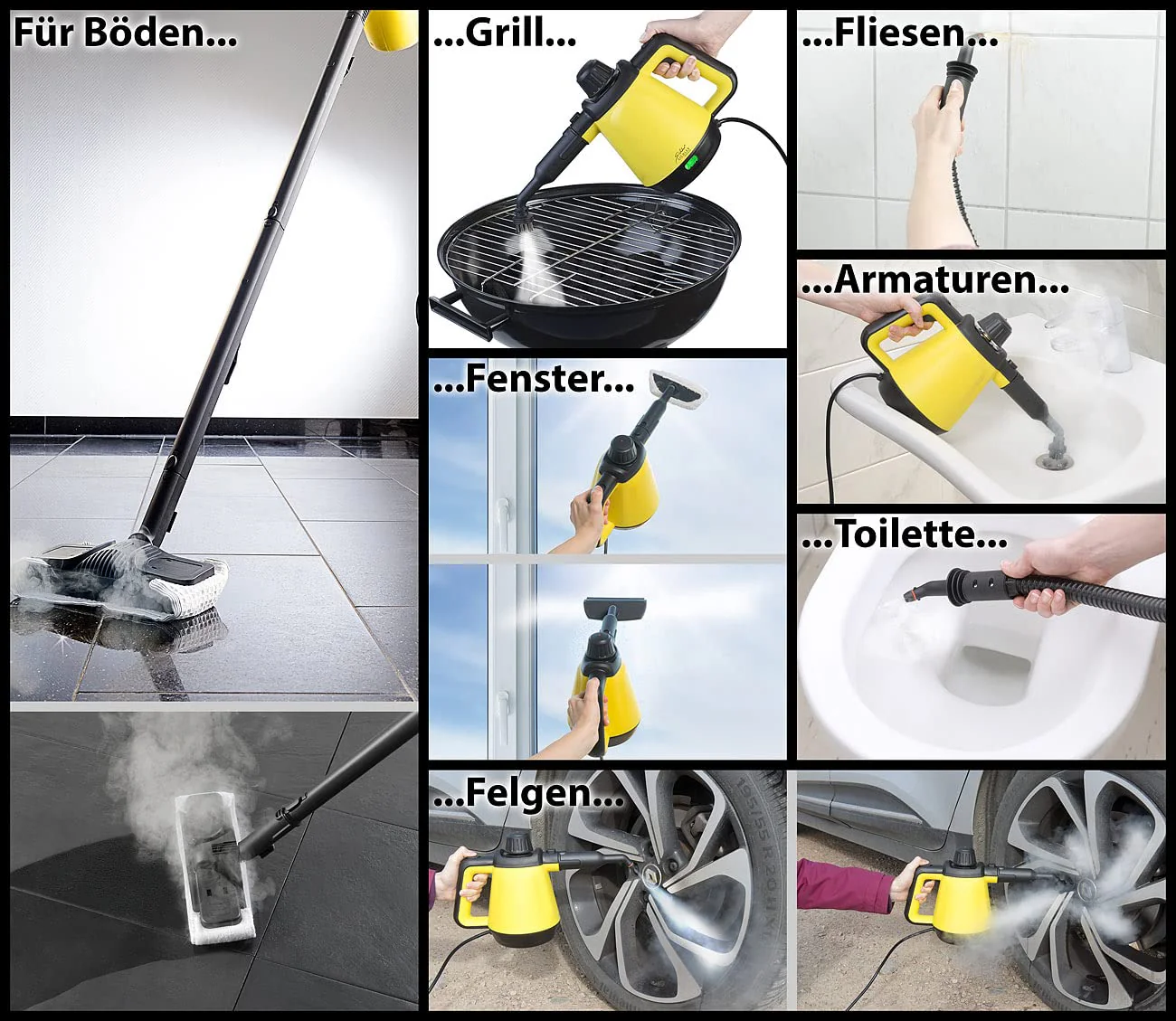 Sichler Haushaltsgeräte Balkonreiniger: 2in1-Hand-Dampfreiniger, Dampf-Mopp &-Besen, 16-tlg. Zubehör, 1.200 W (Fugenreiniger, tragbarer Dampfreiniger, Polsterreiniger) - Image 6