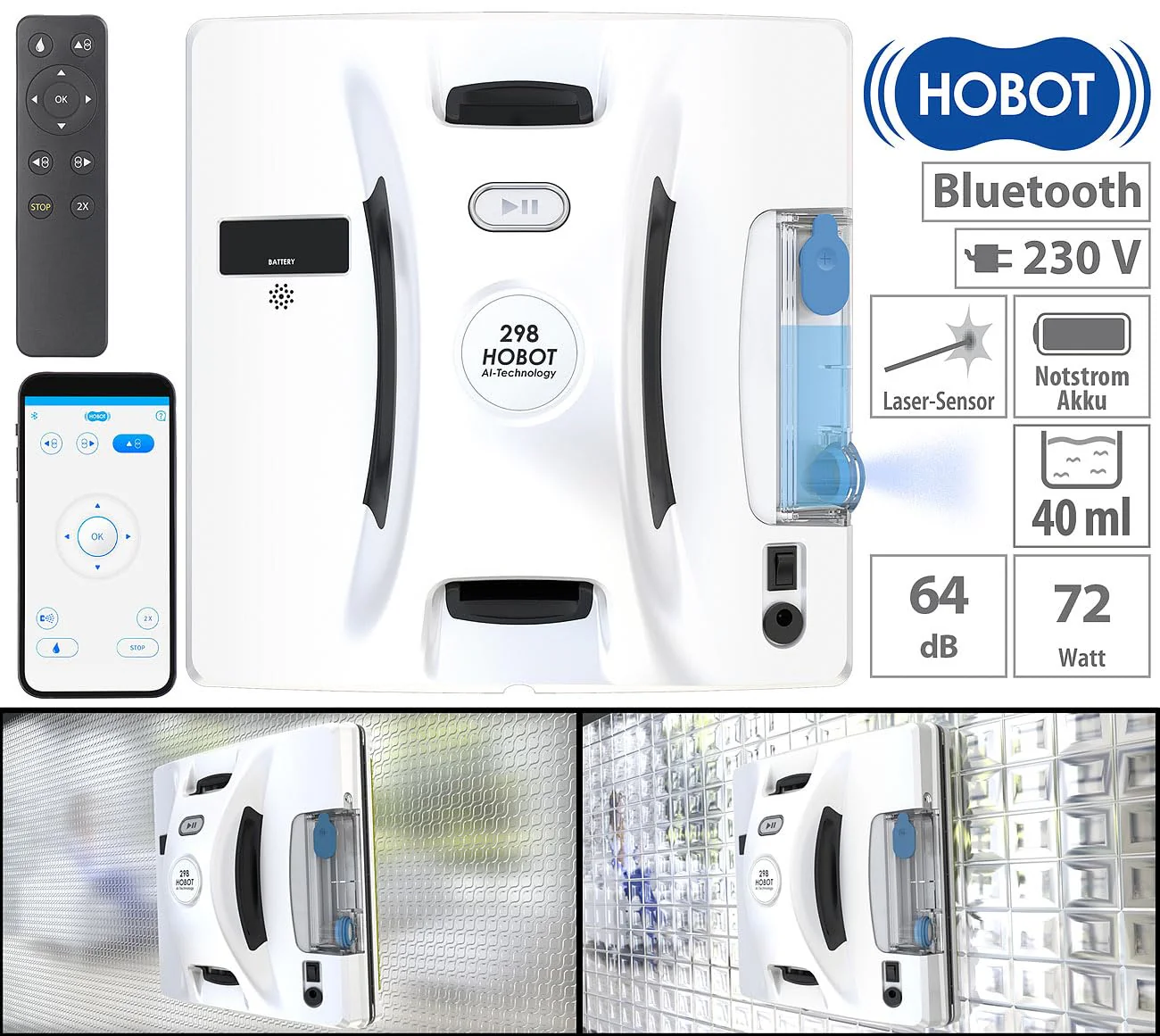 Sichler Haushaltsgeräte Fensterputzroboter: HOBOT-298 Profi-Fensterputz-Roboter mit Sprüh-Funktion, App-Steuerung (Hobot Fensterputzroboter, Profi Fensterputzroboter, Fensterreinigung) - Image 14