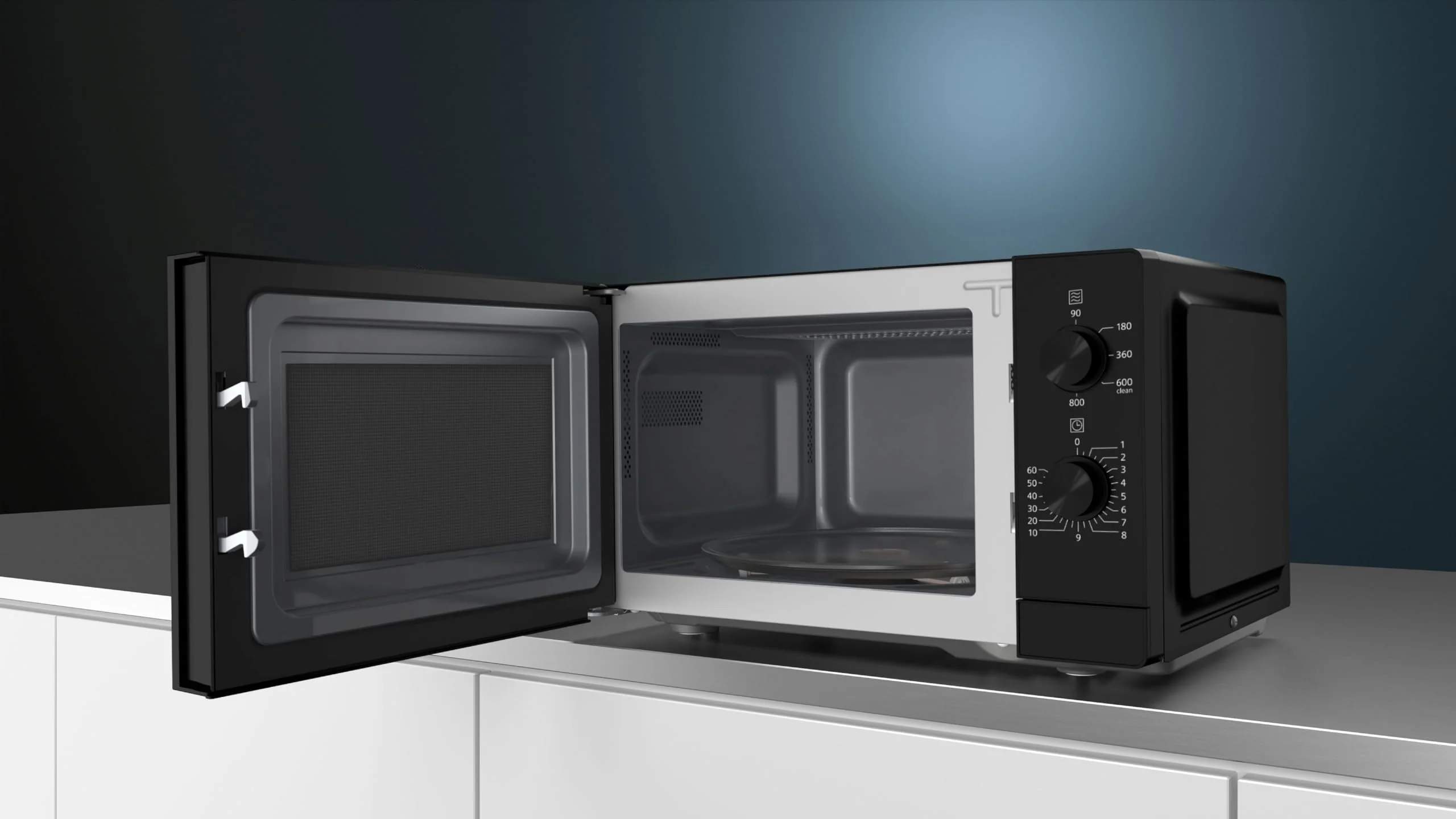 Siemens FF020LMB2 iQ300 Mikrowelle, 44 x 26 cm, 800 Watt, Drehteller 27 cm, Türanschlag links, LED-Innenbeleuchtung, Schwarz, 20 L - Image 2
