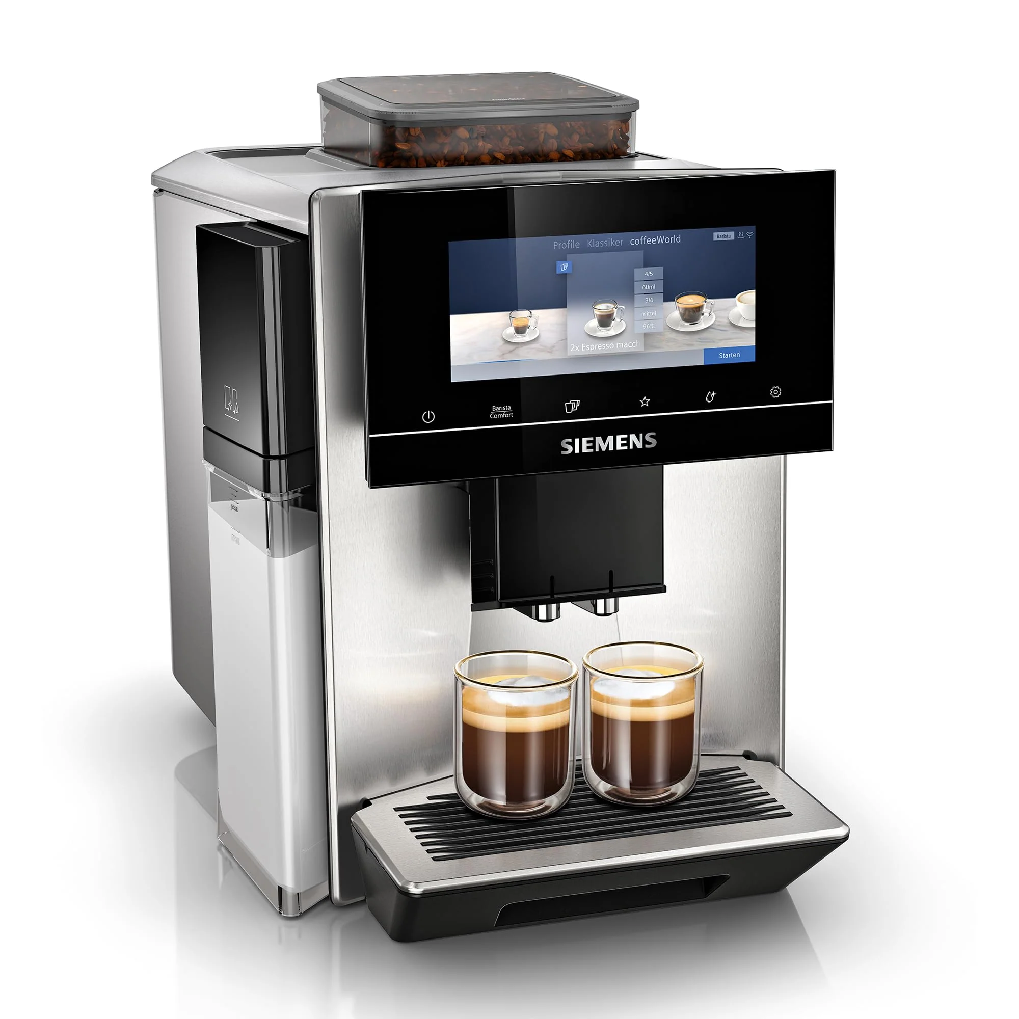 Siemens Kaffeevollautomat EQ900 plus, großes farbiges TFT-Display, autom. Reinigungsystem via Kartuschen, 36 Heiß- und Kaltgetränke, Cold Brew, Doppeltassenfunktion, super leise, Edelstahl, TQ903DZ3
