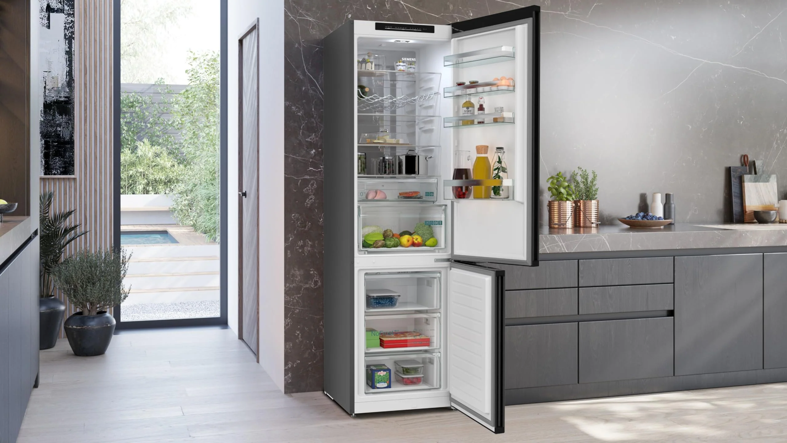 SIEMENS KG39N2XAF Stand-Kühl-Gefrier-Kombination iQ300, freistehende Kühlkombination mit Gefrierbereich unten 203x60 cm, 260L Kühlen, 103L Gefrieren, noFrost, hyperFresh, LED-Beleuchtung, BlackSteel - Image 14