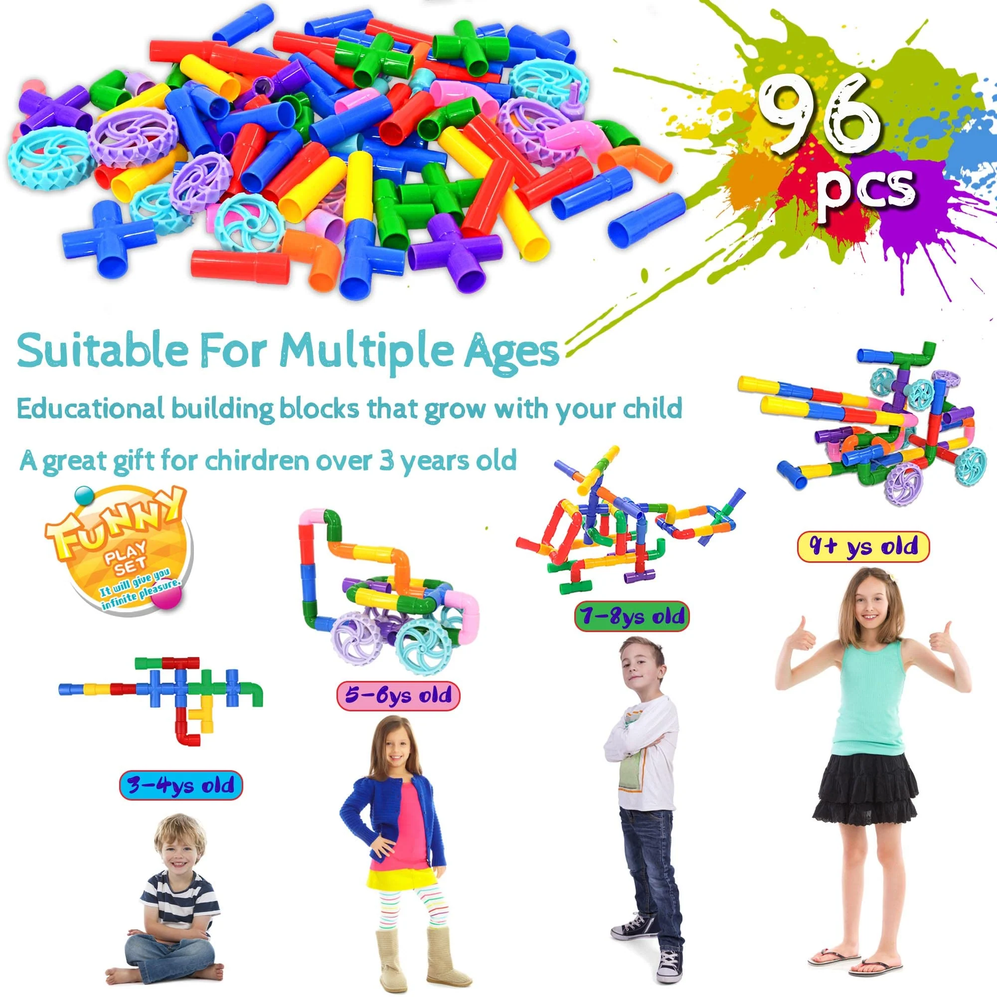 SIENIANLINE Pipe Tube Toys, 96 Stück Klassische Bausteine Zusammenbau von Spielzeug mit Rädern - Geschenk für kreative Lernerziehung Steckspiel für Jungen und Mädchen - Image 4