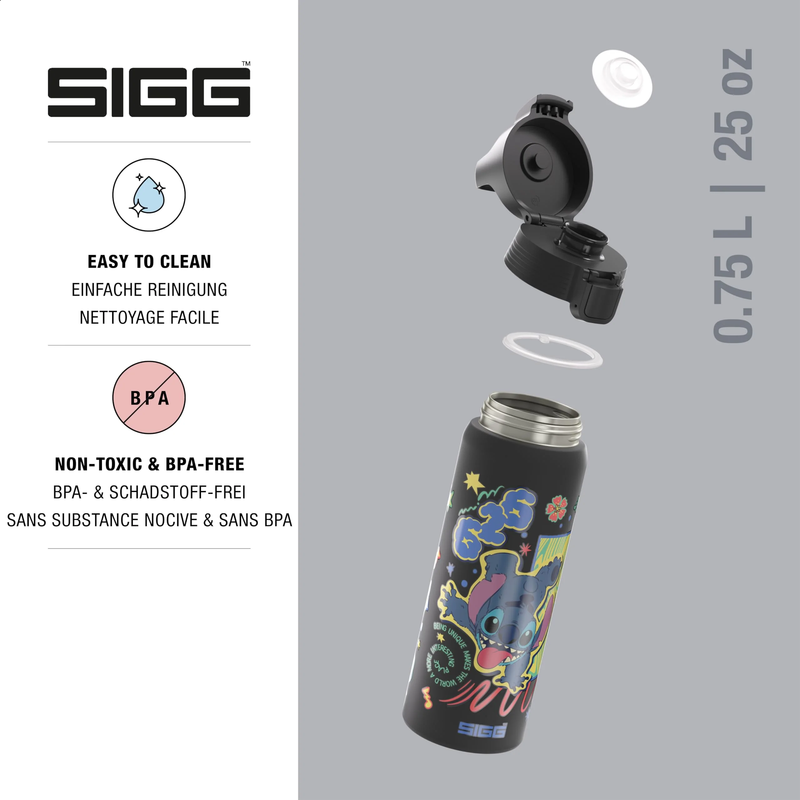 Sigg - Edelstahl Trinkflasche - Shield One Disney Lilo & Stitch - Für Kohlensäurehaltige Getränke Geeignet - Auslaufsicher - Federleicht - BPA-frei - Sport & Schule - Black - 0,75L - Image 5