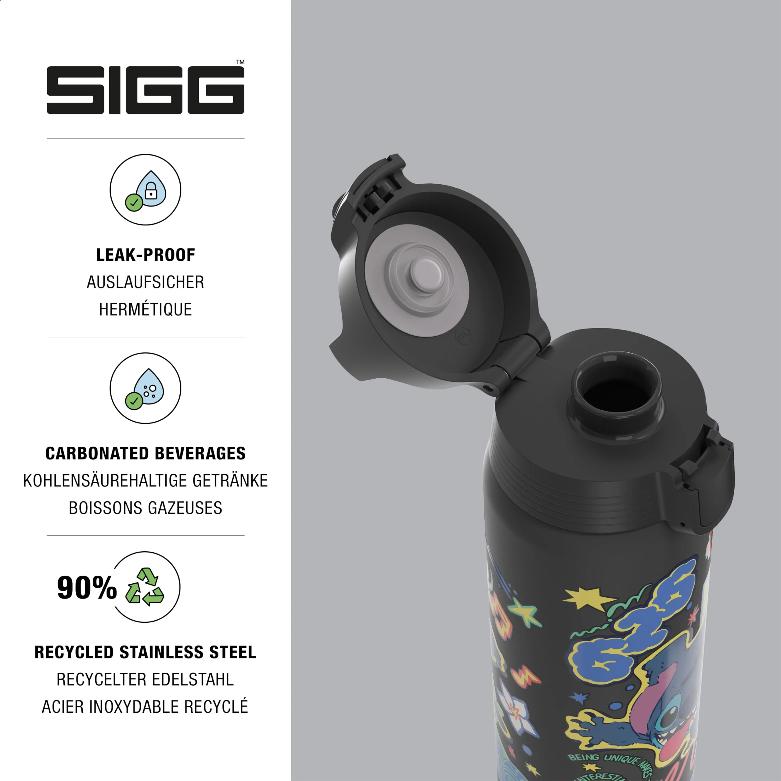 Sigg - Edelstahl Trinkflasche - Shield One Disney Lilo & Stitch - Für Kohlensäurehaltige Getränke Geeignet - Auslaufsicher - Federleicht - BPA-frei - Sport & Schule - Black - 0,75L - Image 6