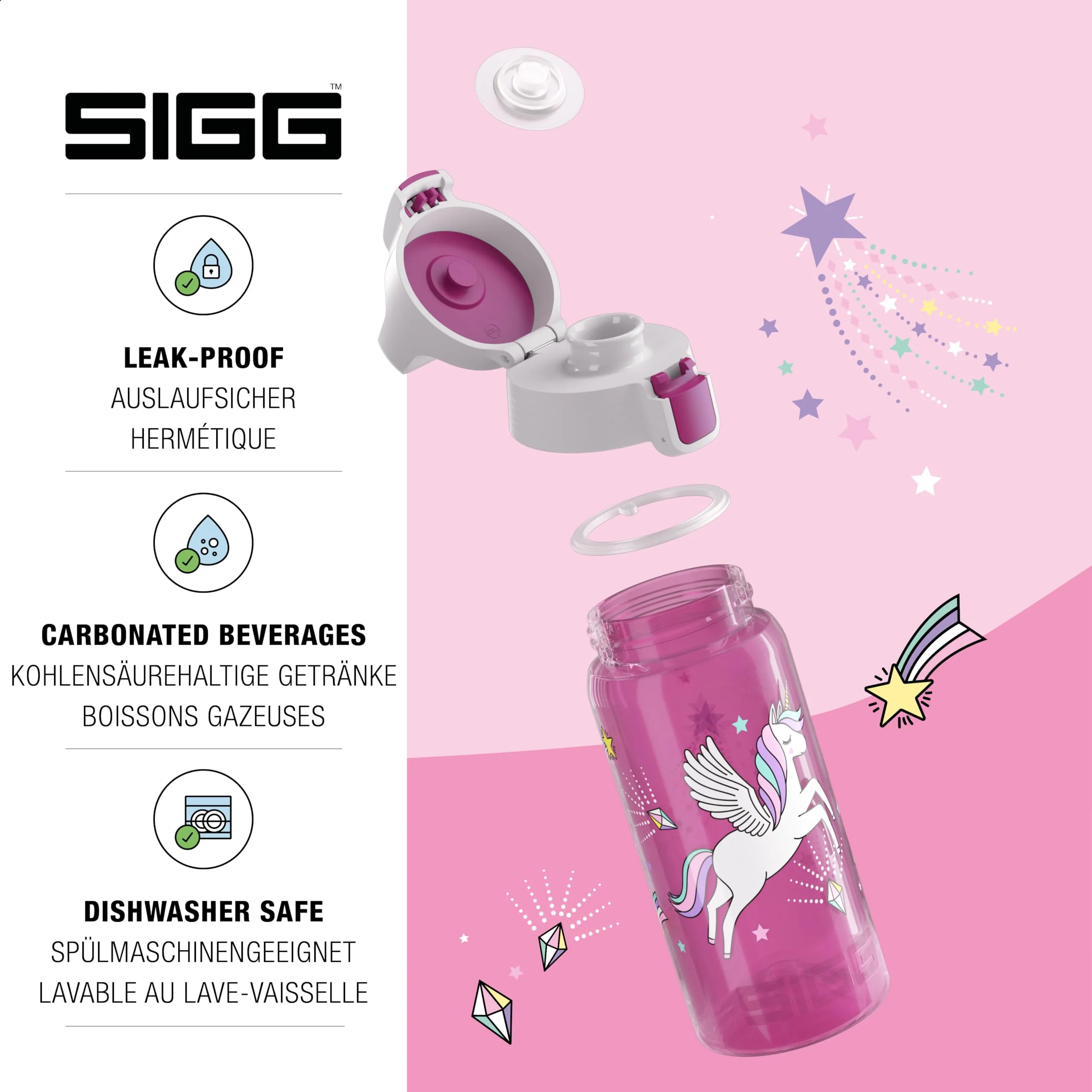 Sigg - Trinkflasche Kinder - Viva One Unifly - Für Kohlensäurehaltige Getränke Geeignet - Auslaufsicher - Spülmaschinenfest - BPA-frei - Sport & Schule - Rosa mit Einhorn - 0,5L - Image 5