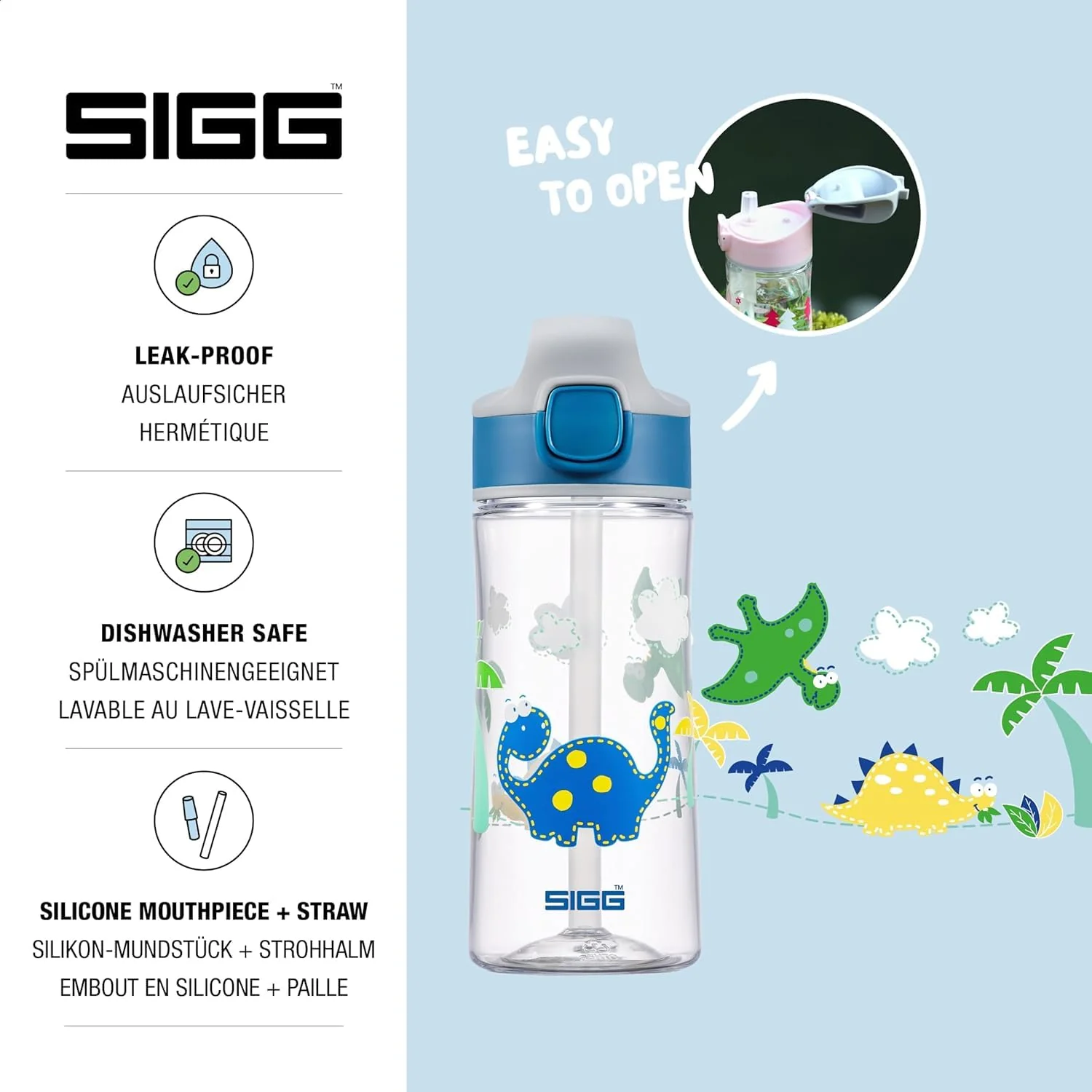 SIGG - Tritan Trinkflasche Kinder - Miracle Dinosaurier - Mit Trinkhalm - Auslaufsicher - Spülmaschinenfest - Microwellengeeignet - Kratzresistent - BPA-frei - Schule & Sport - Blau - 0,45L - Image 10