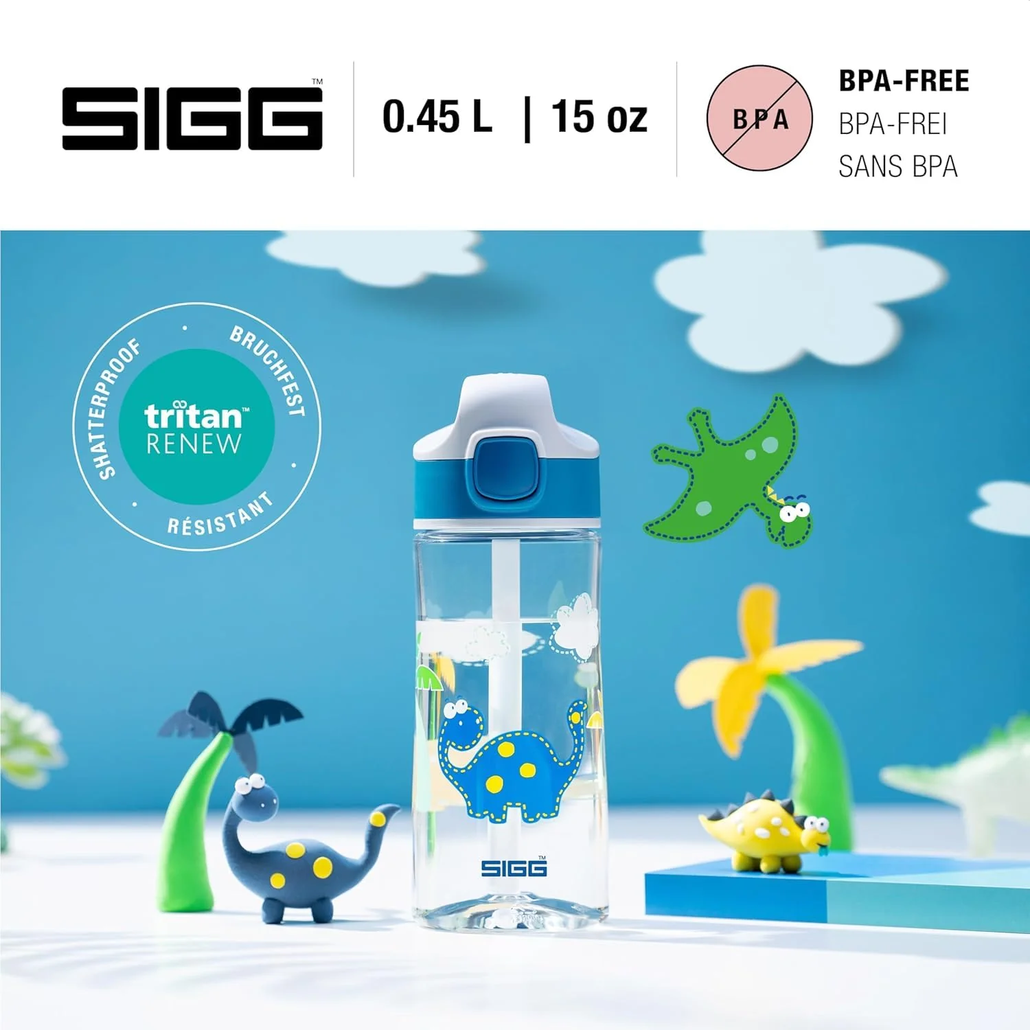 SIGG - Tritan Trinkflasche Kinder - Miracle Dinosaurier - Mit Trinkhalm - Auslaufsicher - Spülmaschinenfest - Microwellengeeignet - Kratzresistent - BPA-frei - Schule & Sport - Blau - 0,45L - Image 11