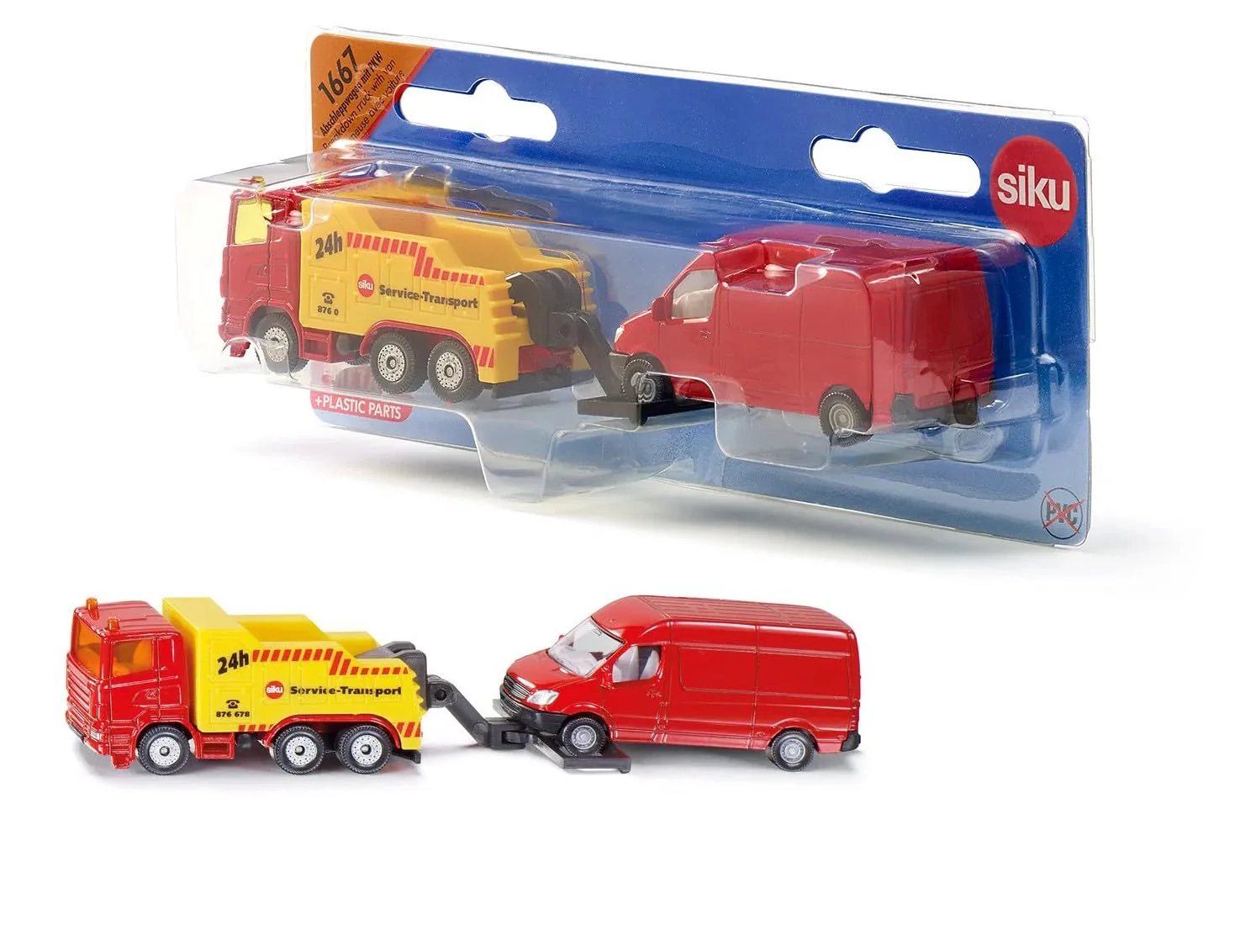 siku 1667, Abschleppwagen mit PKW, Metall/Kunststoff, Rot/Gelb, Heb- und Senkbare Abschleppvorrichtung