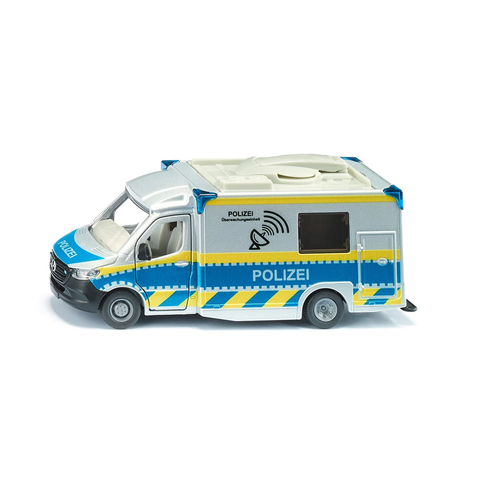 Siku 2301, Polizeiauto Mercedes-Benz Sprinter, Polizei-Spielzeug, 1:50, Metall/Kunststoff, Blau/Weiß, Drehbare Satellitenschüssel, Abnehmbares Dach, Diverse Türen zum Öffnen